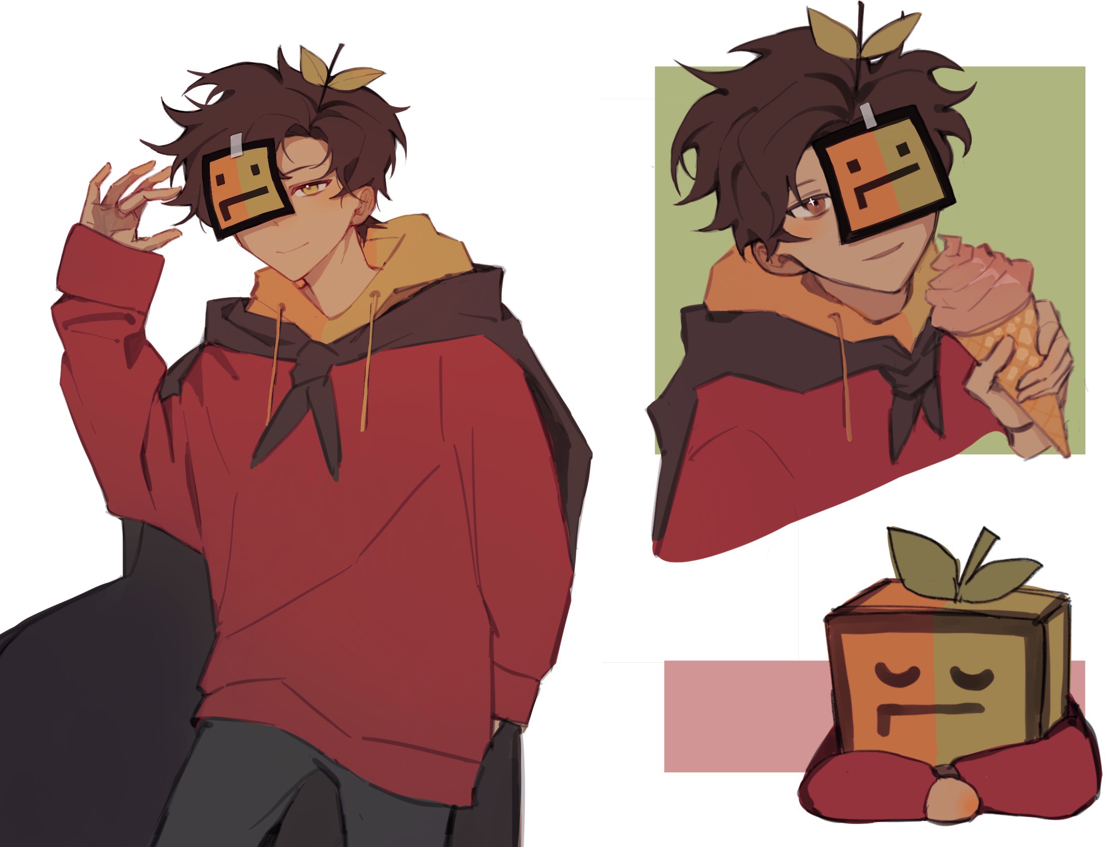 vindalien, tapl, minecraft youtube, bad id, bad lofter id, highres, 1boy, animification, black cape, black pants, box on head, brown eyes, brown hair, cape, closed eyes, dark-skinned male, dark skin, food, green eyes, heterochromia, holding, holding food, holding ice cream, holding ice cream cone, hood, hood down, hoodie, humanization, ice cream, ice cream cone, layered clothes, leaf, leaf on head, long sleeves, male focus, mask, multiple views, pants, red sweater, short hair, simple background, sleeping, sweater, white background