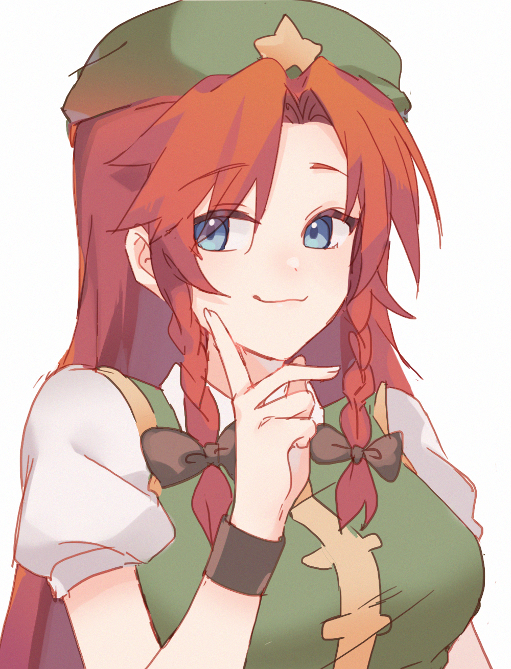 liangyilin, hong meiling, touhou, commentary, highres, 1girl, bow, braid, braided sidelock, breasts, brown bow, china dress, chinese clothes, curtained hair, dress, finger to cheek, green dress, green hat, hair bow, hat, hat ornament, long hair, medium breasts, red hair, shirt, short sleeves, sideways glance, simple background, smile, solo, star (symbol), star hat ornament, straight hair, upper body, very long hair, white background, white shirt, wristband