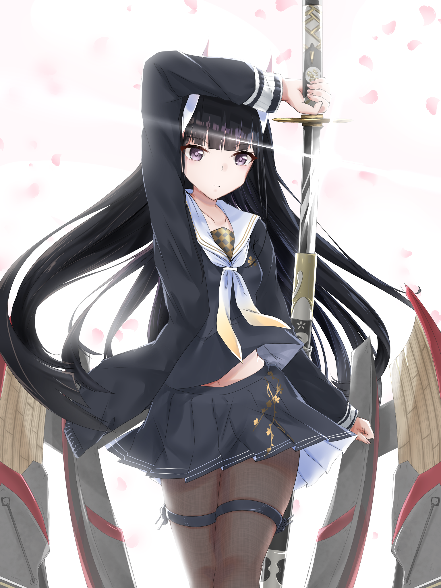 uduki (nissi), noshiro (azur lane), azur lane, commentary, highres, 1girl, black cardigan, black hair, black serafuku, black skirt, breasts, brown pantyhose, cardigan, falling petals, holding, holding sword, holding weapon, horns, long hair, long sleeves, looking at viewer, medium breasts, midriff peek, neckerchief, official alternate costume, oni, pantyhose, petals, pink petals, pleated skirt, purple eyes, rigging, sailor collar, scabbard, school uniform, serafuku, sheath, simple background, skin-covered horns, skirt, solo, sword, thigh strap, unsheathing, very long hair, weapon, white background, white neckerchief, white sailor collar