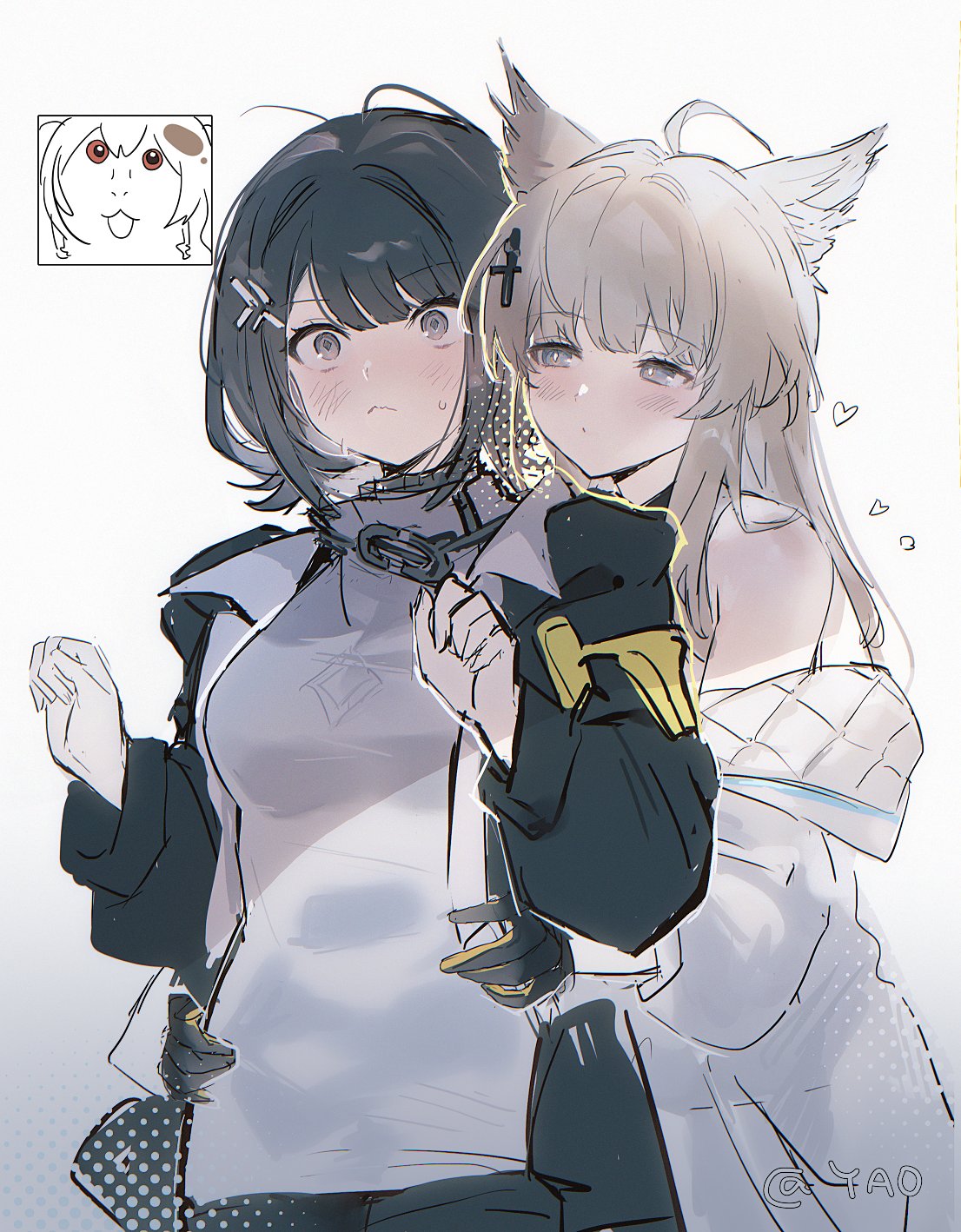 yao krr, endministrator (arknights), female endministrator (arknights), perlica (arknights), arknights, arknights: endfield, chinese commentary, commentary request, highres, 2girls, animal ears, artist name, bird ears, bird girl, black coat, black gloves, black hair, black pantyhose, blush, breasts, closed mouth, coat, diamond-shaped pupils, diamond (shape), gloves, grabbing from behind, grey eyes, grey hair, hands up, heart, long hair, long sleeves, looking at viewer, multiple girls, open clothes, pantyhose, short hair, sweater, symbol-shaped pupils, upper body, white sweater, yuri