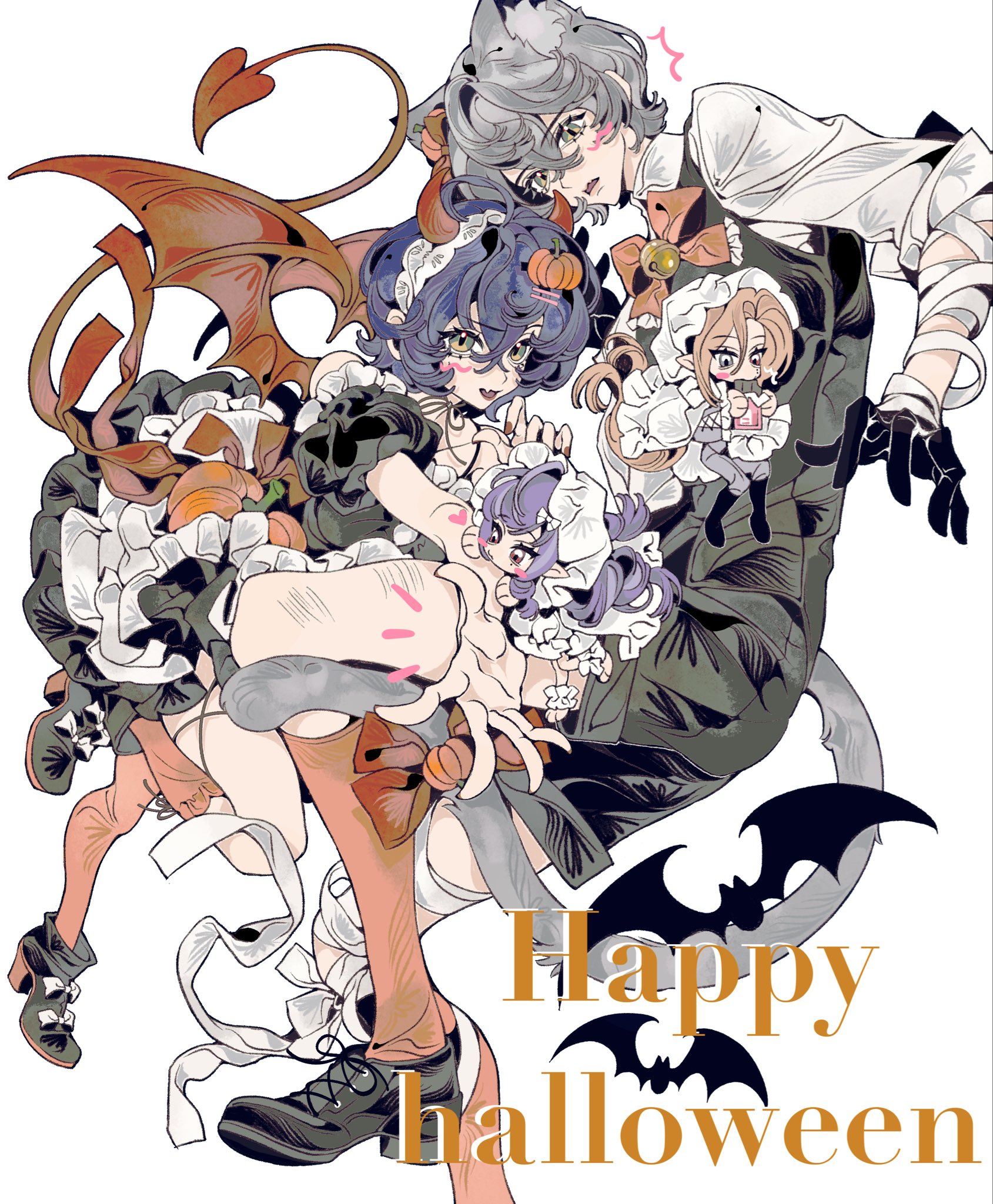 xjgfhvg, belle (zenless zone zero), hugo vlad, vivian banshee, wise (zenless zone zero), zenless zone zero, commentary, highres, symbol-only commentary, 2boys, 2girls, animal ear fluff, animal ears, bare shoulders, bat (animal), bell, bell bow, black boots, black dress, black gloves, black pants, black vest, blonde hair, blue hair, blush, boots, bow, bowtie, candy, cat ears, cat tail, chibi, chocolate, chocolate bar, demon horns, demon tail, demon wings, dress, eating, fang, food, food-themed hair ornament, footwear bow, gloves, green eyes, grey eyes, grey hair, hair between eyes, hair ornament, halloween, halloween costume, happy halloween, heart, heterochromia, holding, holding chocolate, holding food, horns, horns through headwear, jingle bell, long hair, looking at another, looking at viewer, multiple boys, multiple girls, open mouth, orange bow, orange bowtie, orange socks, pants, pumpkin, pumpkin hair ornament, purple hair, red eyes, red horns, red nails, red tail, red wings, ribbon, sharp tail, shirt, short hair, simple background, sleeves rolled up, socks, tail, vest, white background, white bow, white ribbon, white shirt, wings