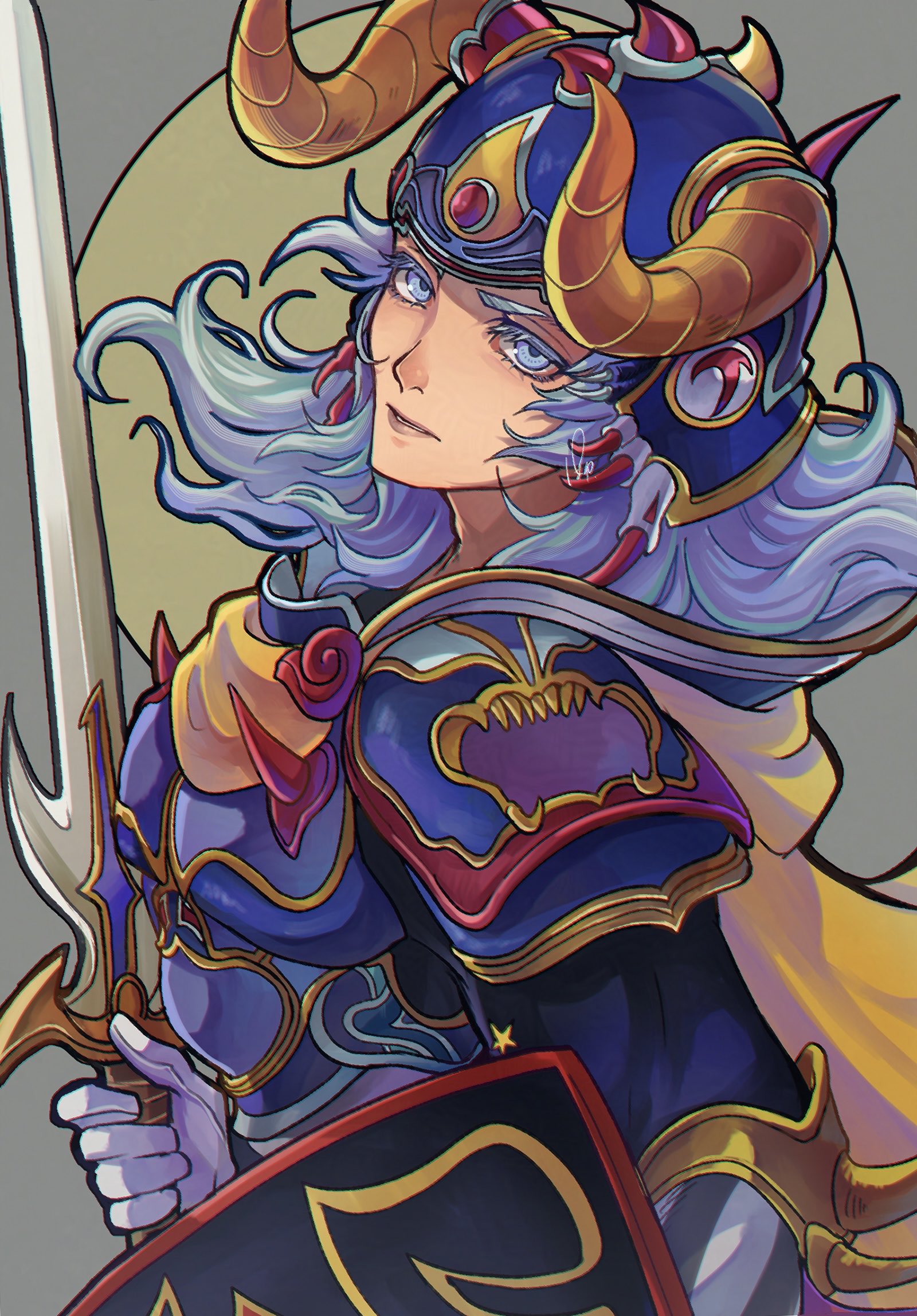 payu (pyms11), warrior of light (ff1), final fantasy, final fantasy i, highres, 1boy, armor, colored eyelashes, fake horns, gloves, grey background, grey eyes, grey hair, helmet, holding, holding shield, holding sword, holding weapon, horned helmet, horns, long hair, looking at viewer, male focus, ornate armor, ornate clothes, parted lips, shield, shoulder armor, signature, solo, sword, upper body, wavy hair, weapon, white gloves