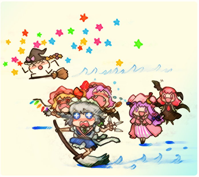 ruto (petatann), flandre scarlet, izayoi sakuya, kirisame marisa, koakuma, patchouli knowledge, remilia scarlet, embodiment of scarlet devil, touhou, bad id, bad pixiv id, 6+girls, chibi, dress, female focus, gradient background, hat, head wings, maid, multiple girls, wings