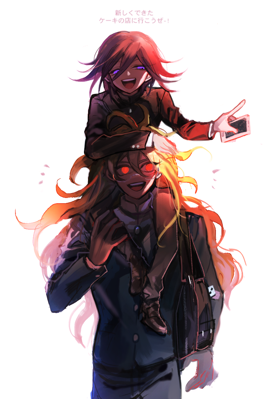 gokuhara gonta, oma kokichi, danganronpa (series), danganronpa v3: killing harmony, commentary request, highres, translation request, 2boys, ahoge, arm on another's head, buttons, carrying, chugiya, flipped hair, gakuran, glasses, glowing, glowing eyes, hair between eyes, holding, holding phone, long hair, long sleeves, male focus, messy hair, multiple boys, open mouth, pants, phone, piggyback, pointing, purple eyes, purple hair, red eyes, round eyewear, school uniform, short hair, sidelighting, simple background, size difference, smile, teeth, upper teeth only