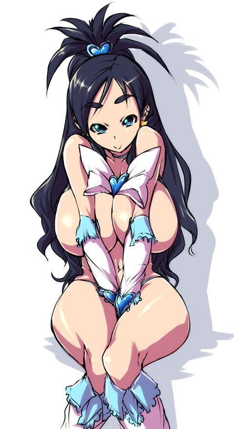 nekomamire, cure white, yukishiro honoka, futari wa precure, precure, bad id, bad pixiv id, 00s, 1girl, aged up, black hair, blue eyes, boots, bow, breasts, breasts squeezed together, brooch, earrings, elbow gloves, female focus, gloves, half updo, heart, heart brooch, huge breasts, jewelry, knee boots, long hair, magical girl, sitting, solo, v arms, white boots