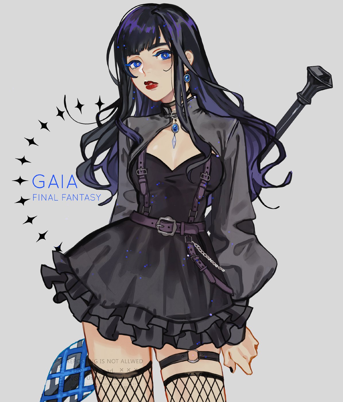 ailout2, gaia (ff14), dissidia final fantasy, final fantasy, final fantasy xiv, highres, 1girl, belt, black dress, black hair, black nails, blue eyes, blue gemstone, breasts, character name, cleavage, copyright name, cowboy shot, dissidia duellum final fantasy, dress, earrings, fishnet thighhighs, fishnets, gem, grey background, grey jacket, holding, holding behind back, holding weapon behind back, jacket, jewelry, long hair, medium breasts, nail polish, official alternate costume, parted lips, red lips, solo, suspenders, thigh strap, thighhighs