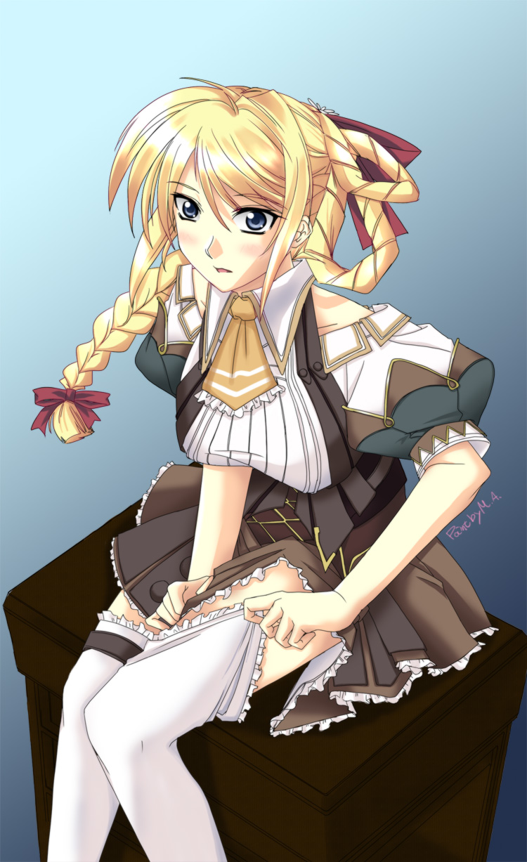 shirokuma a, highres, 1girl, adjusting clothes, adjusting legwear, blonde hair, blue eyes, braid, dress, dressing, female focus, long hair, maid, ribbon, solo, surprised, thighhighs