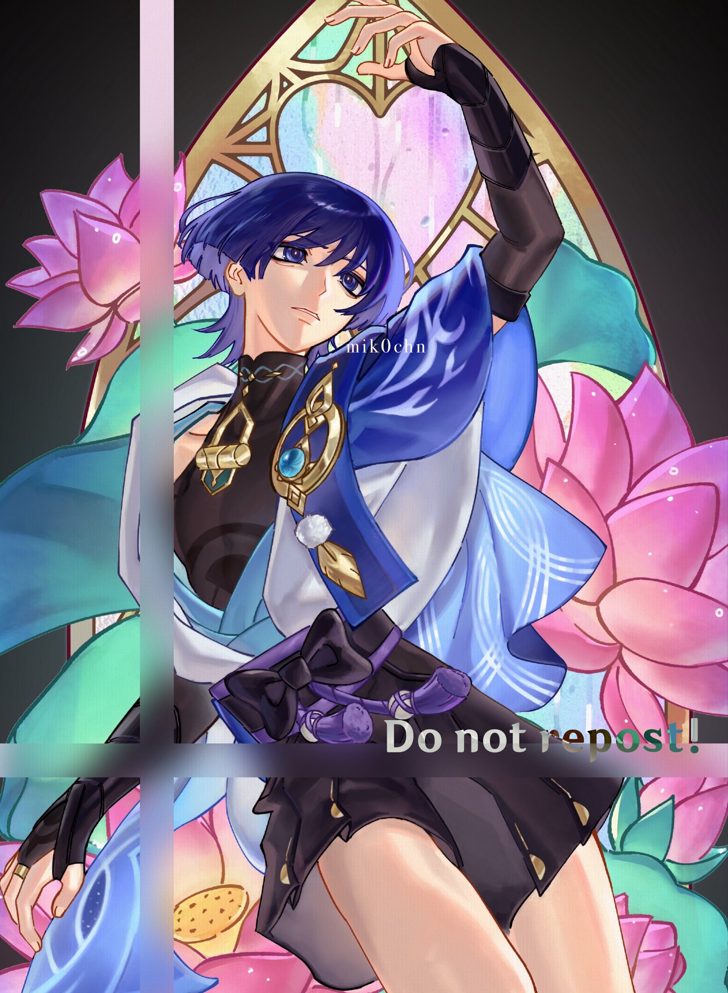 mik0chn, scaramouche (genshin impact), wanderer (genshin impact), genshin impact, highres, 1boy, anemone (flower), arm at side, arm up, armor, artist name, belt, black belt, black bow, black bridal gauntlets, black shorts, blue cape, blue gemstone, blue kimono, blunt ends, bow, bridal gauntlets, cape, covered collarbone, cowboy shot, feathers, fingernails, flower, gem, gold, gold ring, hakama, hakama shorts, japanese armor, japanese clothes, juban, kimono, kote, kurokote, looking at arm, looking up, lotus, male focus, mandarin collar, middle ring, monochrome background, open clothes, open hand, open kimono, parted lips, pink flower, plant, pleated shorts, pom pom (clothes), purple eyes, purple hair, purple rope, purple sash, rope, sash, shorts, shoulder peek, solo, stained glass, tassel, tsurime, vision (genshin impact), watermark, white kimono, white mouth, white trim, window, wispy bangs, yellow feathers