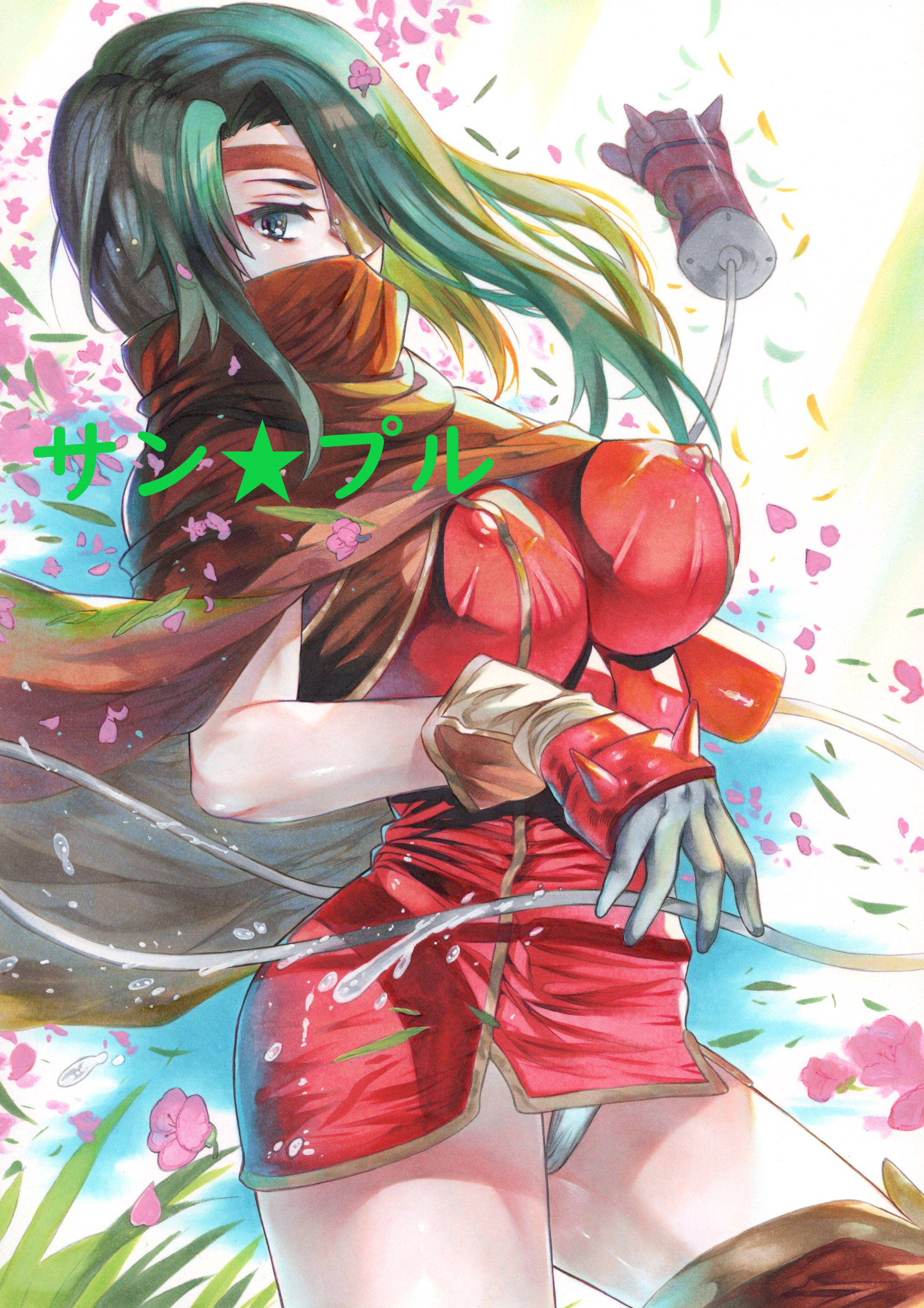 rozarin, kanon (wild arms 2), wild arms, wild arms 2, absurdres, highres, traditional media, 1girl, black cloak, breasts, cloak, covered erect nipples, dress, falling petals, green hair, impossible clothes, impossible dress, large breasts, long hair, microdress, panties, petals, red dress, solo, underwear, white panties