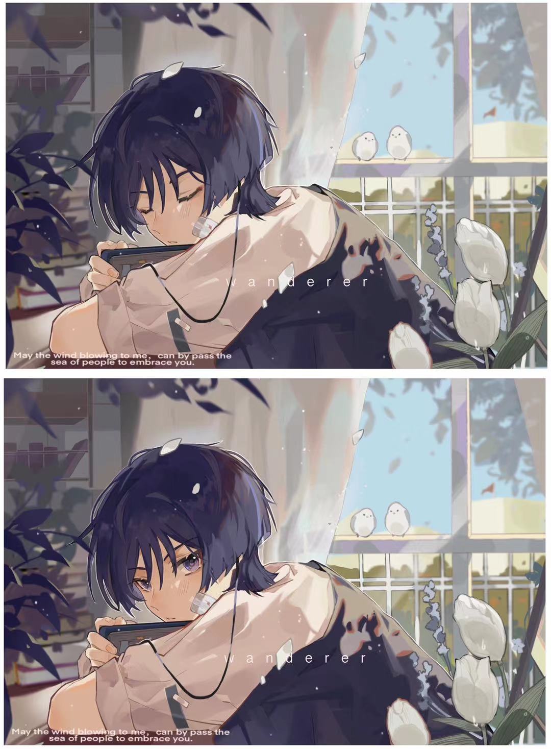 shimianaya, scaramouche (genshin impact), wanderer (genshin impact), genshin impact, highres, 1boy, alternate costume, alternate universe, arm rest, bird, black blanket, black hair, blanket cape, blue sky, book, book stack, casual, cellphone, character name, cityscape, clear sky, closed eyes, closed mouth, contemporary, curtains, earphones, english text, eyelashes, eyeliner, eyeshadow, facing viewer, fingernails, flower, gauze, gauze on cheek, head rest, holding, holding phone, indoors, light blush, looking at viewer, makeup, petal on head, phone, plant, potted plant, purple eyes, railing, red eyeliner, red eyeshadow, sequential, short sleeves, sky, solo, tsurime, white flower, white petals, white sleeves, wispy bangs