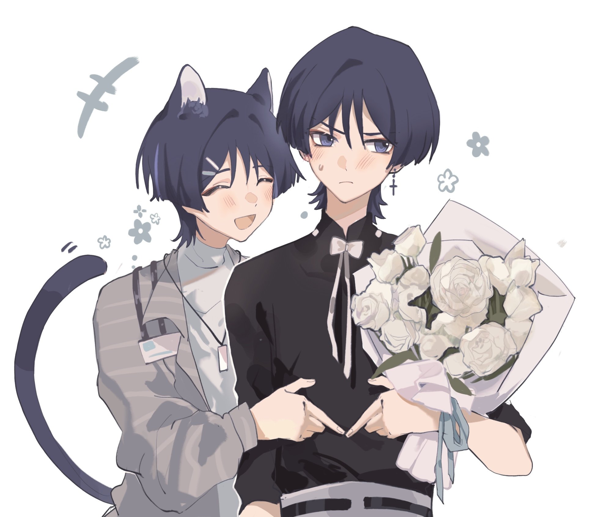 shimianaya, scaramouche (genshin impact), scaramouche (kabukimono) (genshin impact), genshin impact, highres, +++, 2boys, alternate costume, animal ear fluff, animal ears, aqua ribbon, averting eyes, black shirt, black sleeves, black tail, blunt ends, blush, bouquet, bow, bowtie, brown jacket, brown sleeves, casual, cat boy, cat ears, cat tail, closed eyes, contemporary, cross, cross earrings, dual persona, earrings, eyeliner, eyeshadow, facing another, fingernails, flower, hair ornament, hairclip, holding, holding bouquet, index fingers together, jacket, jewelry, lanyard, long sleeves, looking to the side, makeup, mandarin collar, multiple boys, name tag, open mouth, purple eyes, red eyeliner, red eyeshadow, ribbon, rose, shirt, sweatdrop, tail, three-quarter sleeves, tsurime, undershirt, upper body, white background, white bow, white bowtie, white flower, white rose, white shirt, wispy bangs