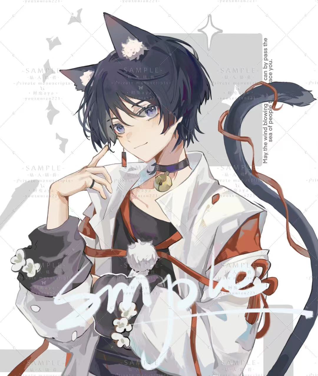shimianaya, scaramouche (genshin impact), genshin impact, highres, 1boy, alternate costume, animal ear fluff, animal ears, bell, black choker, black hair, black shirt, blush, casual, cat boy, cat ears, cat tail, chinese knot, choker, closed mouth, clothing cutout, collarbone, contemporary, earrings, english text, eyelashes, hand on own arm, hand up, head tilt, jacket, jewelry, jingle bell, layered sleeves, long sleeves, looking at viewer, male focus, open clothes, open jacket, pinky ring, pom pom (clothes), purple eyes, red sleeves, sample watermark, shirt, shoulder cutout, smile, solo, tail, tassel, undershirt, upper body, watermark, watermark grid, white jacket, white sleeves, wispy bangs
