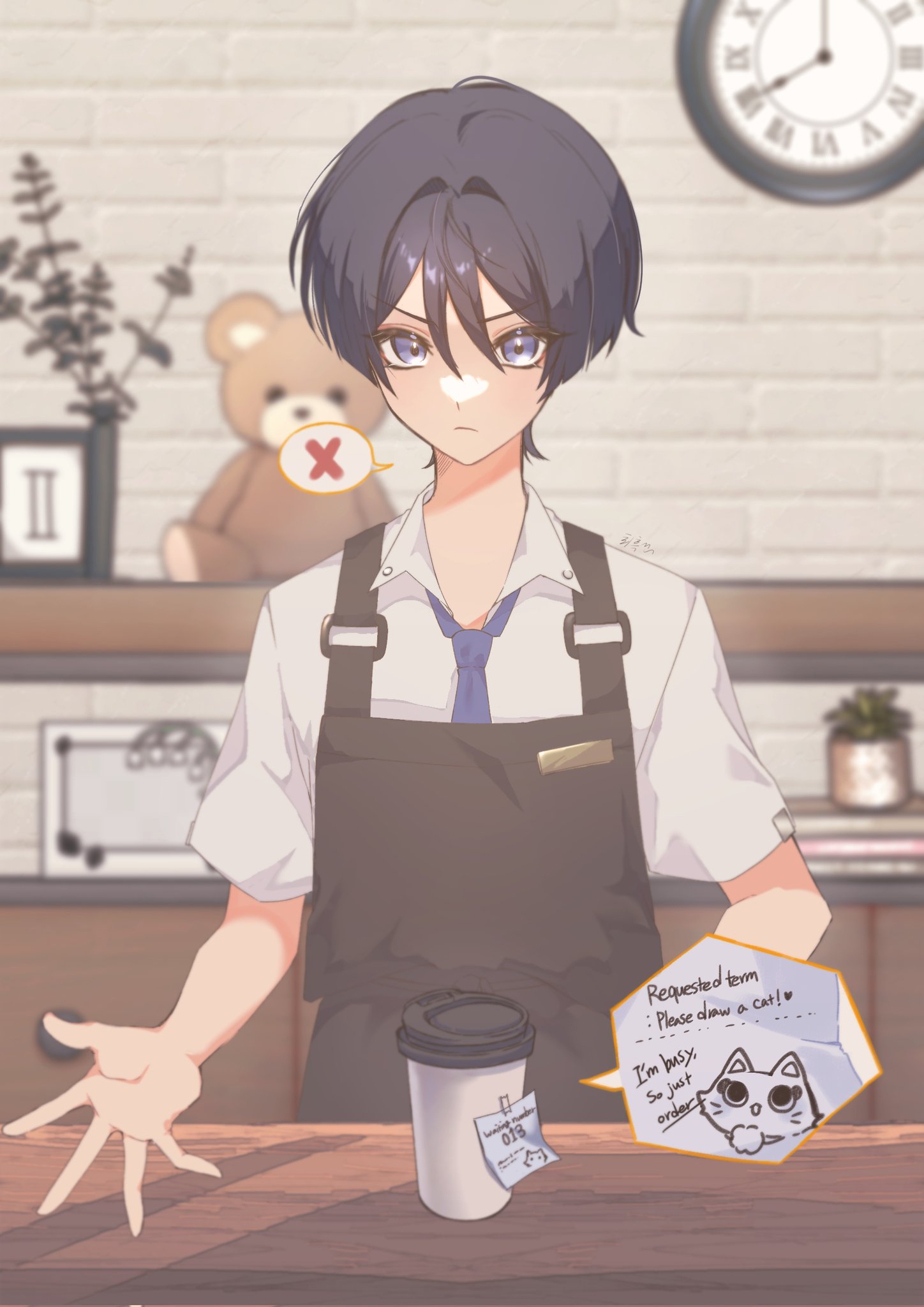 dlgodls0731, scaramouche (cat) (genshin impact), scaramouche (genshin impact), genshin impact, highres, translation request, 1boy, alternate costume, alternate universe, animal print, apron, arm behind back, barista, black apron, blunt ends, blurry, blurry background, casual, cat print, clock, closed mouth, collared shirt, contemporary, cup, disposable coffee cup, disposable cup, english text, expressionless, eyelashes, frown, hair intakes, looking at viewer, male focus, necktie, open hand, paper, plant, potted plant, purple eyes, purple necktie, shirt, solo, spoken x, stuffed animal, stuffed toy, teddy bear, toaster, tsurime, upper body, wall clock, white shirt, wispy bangs