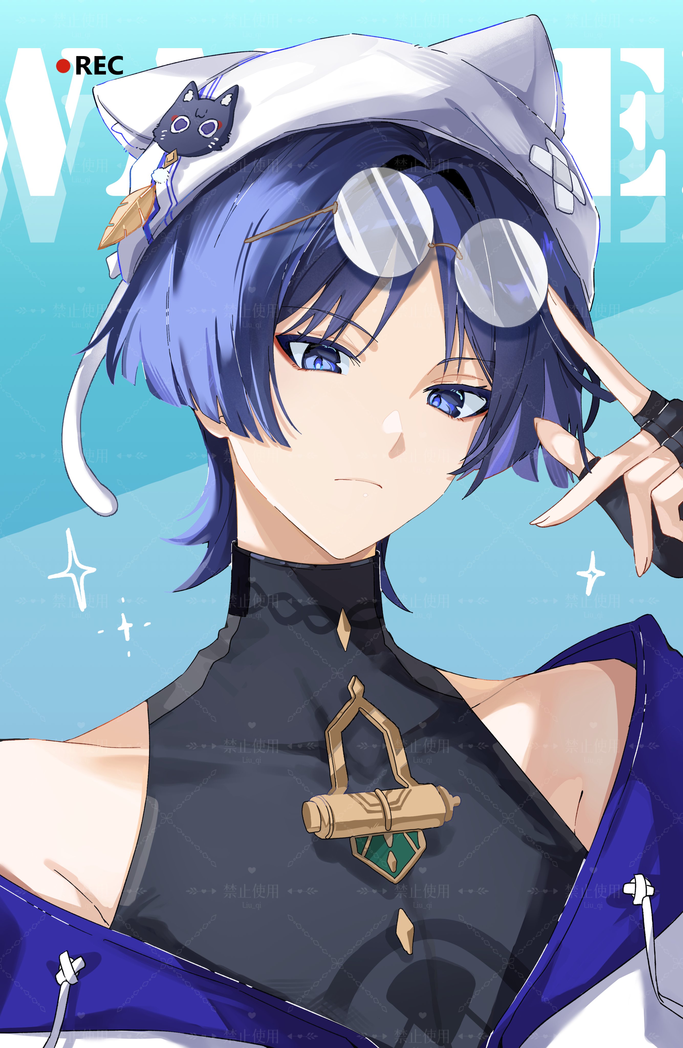 c ixxp, scaramouche (cat) (genshin impact), scaramouche (genshin impact), wanderer (genshin impact), genshin impact, absurdres, highres, 1boy, alternate costume, alternate headwear, animal ear headwear, animal ears, beanie, bespectacled, black bodysuit, black collar, black gloves, blue background, blue collar, blue pupils, blunt ends, bodysuit, cat ears, cat hair ornament, cat tail, closed mouth, collar, covered collarbone, drawstring, expressionless, eyeliner, eyeshadow, eyewear on head, fake animal ears, fake tail, feathers, finger to eyewear, fingerless gloves, fingernails, glasses, gloves, hair intakes, hair ornament, hand up, hat, hat feather, jacket, looking at viewer, makeup, male focus, pom pom (clothes), pom pom hair ornament, portrait, purple eyes, purple hair, recording, red eyeliner, red eyeshadow, rimless eyewear, round eyewear, solo, tail, tsurime, turtleneck, turtleneck bodysuit, white-framed eyewear, white hat, white jacket, wispy bangs, yellow feathers