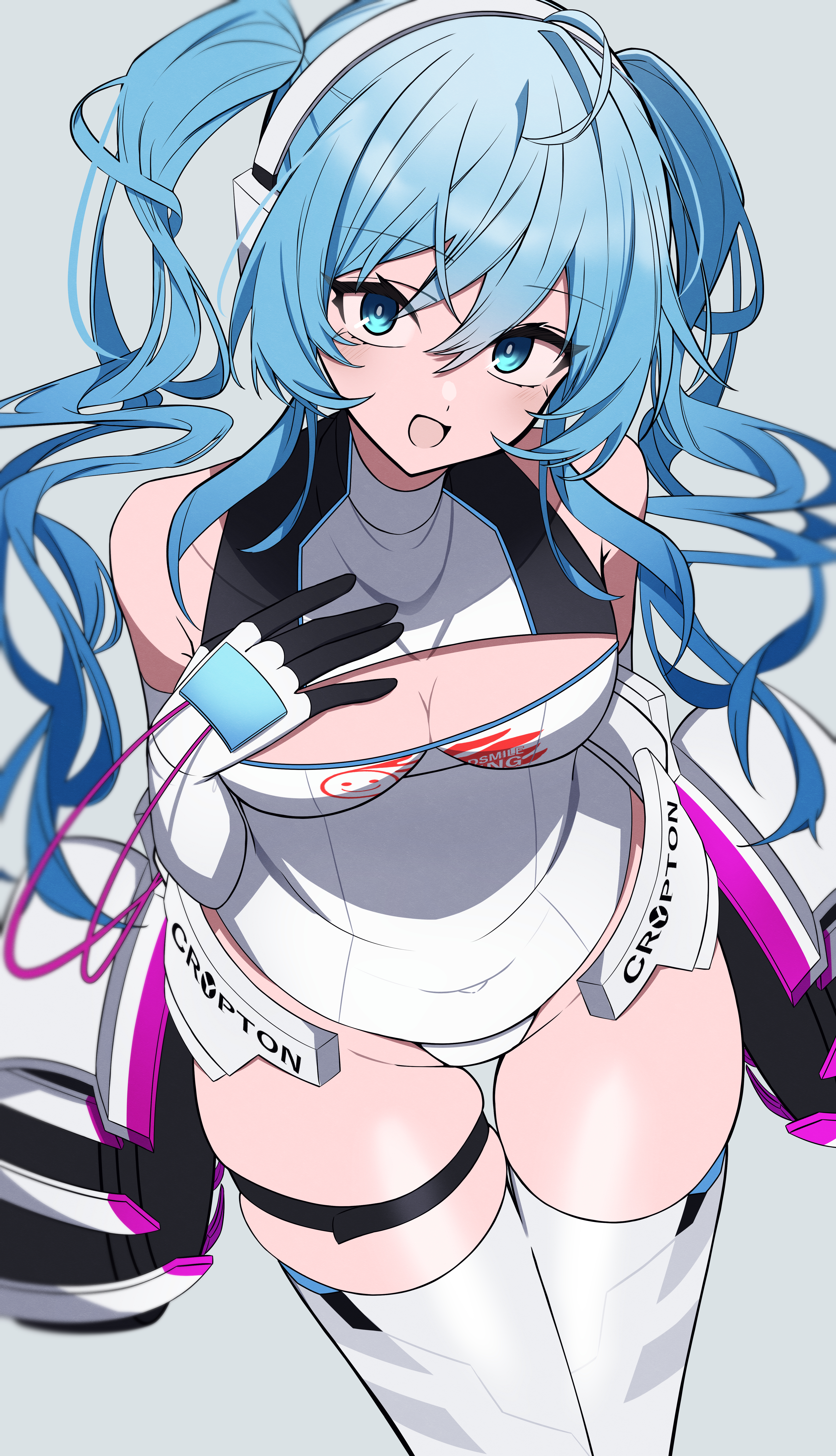 nanashnojo, hatsune miku, racing miku, vocaloid, absurdres, highres, 1girl, aqua eyes, aqua hair, bare shoulders, blue eyes, blue hair, bodysuit, boots, breasts, cleavage, elbow gloves, gloves, long hair, looking at viewer, medium breasts, race queen, simple background, smile, solo, thigh boots, thigh strap, thighhighs, thighs, twintails, very long hair, white background, white bodysuit