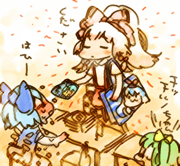 ruto (petatann), cirno, daiyousei, fujiwara no mokou, comiket, touhou, bad id, bad pixiv id, translation request, 3girls, blue hair, chibi, female focus, gradient background, green hair, hair ribbon, multiple girls, ribbon, short hair, white background