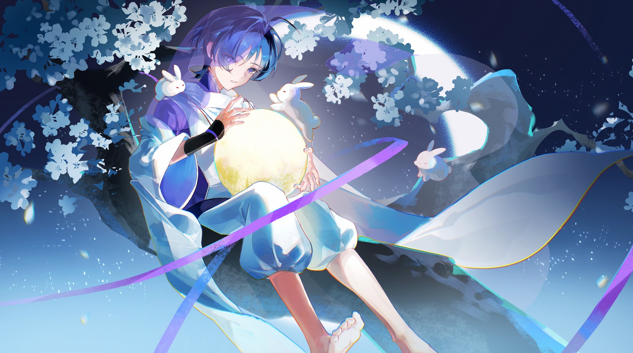 cu09291, scaramouche (genshin impact), scaramouche (kabukimono) (genshin impact), genshin impact, highres, 1boy, ahoge, armor, barefoot, blunt ends, clothing cutout, eyes visible through hair, fingernails, full moon, furisode, hair intakes, holding moon, in tree, japanese armor, japanese clothes, kariginu, kimono, kote, kurokote, layered sleeves, looking at object, male focus, mandarin collar, moon, night, night sky, open hands, open mouth, pants, puffy pants, purple eyes, purple hair, purple kimono, purple sleeves, shoulder cutout, sitting, sitting in tree, sky, solo, string, toes, tree, white mouth, white pants, white rabbit (animal), white sleeves, wide sleeves, wispy bangs