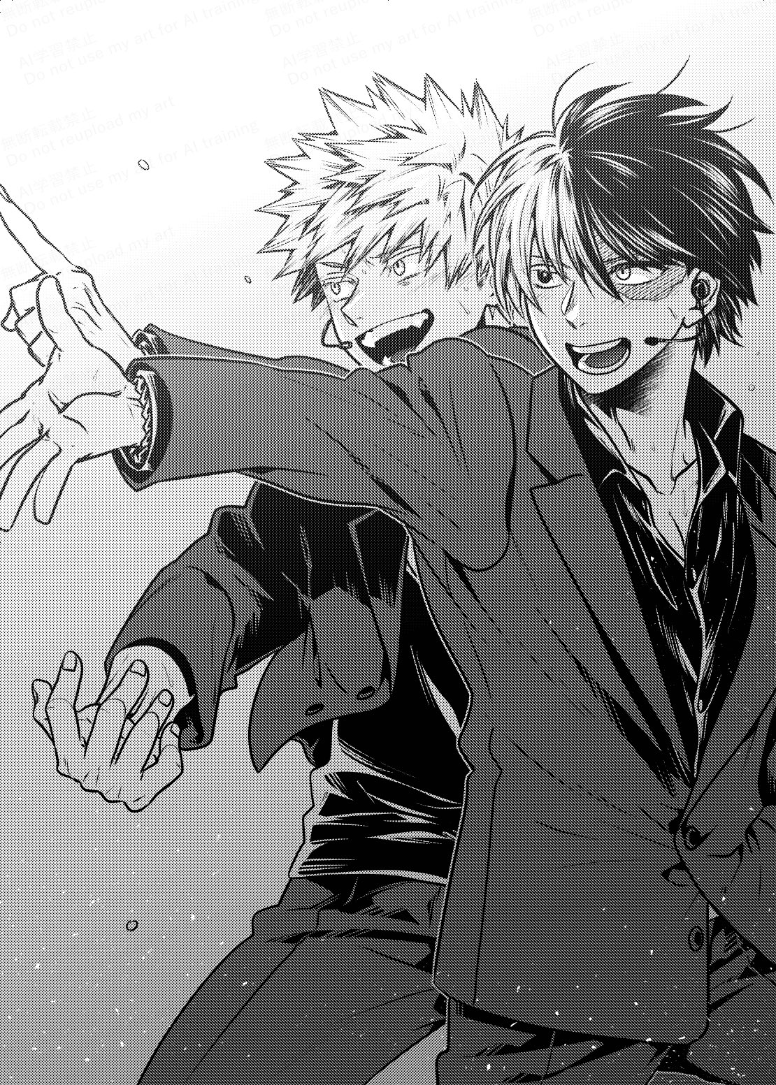 ikuhashi muiko, bakugou katsuki, todoroki shoto, boku no hero academia, highres, 2boys, black shirt, collared shirt, cowboy shot, gradient background, greyscale, hair between eyes, headset, heterochromia, jacket, male focus, monochrome, multicolored hair, multiple boys, open mouth, outstretched hand, scar, scar across eye, scar on face, screentones, shirt, short hair, smile, spiked hair, suit jacket, two-tone hair
