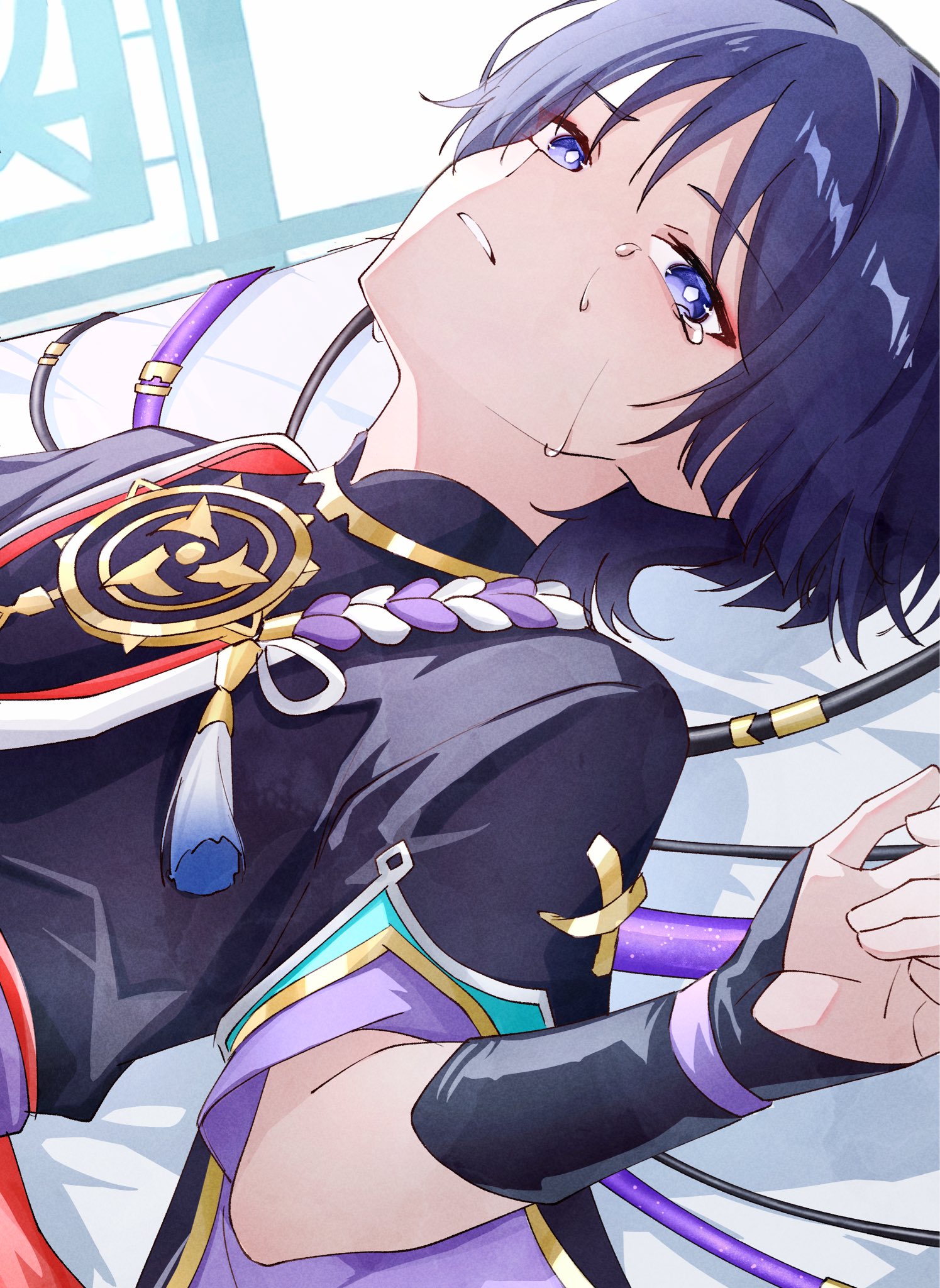 scaramouche (genshin impact), genshin impact, highres, 1boy, aqua sleeves, black bodysuit, black kimono, black sleeves, blunt ends, bodysuit, bright pupils, cable, crying, crying with eyes open, dutch angle, eyeliner, eyeshadow, gold, gold trim, japanese clothes, jewelry, juban, kimono, kuro774 n, layered sleeves, looking at viewer, lying, makeup, male focus, mandarin collar, mitsudomoe (shape), neck ring, on back, on bed, open mouth, parted lips, purple eyes, purple hair, purple rope, purple sash, purple sleeves, red eyeliner, red eyeshadow, red kimono, red sash, rope, sash, shimenawa, solo, tassel, tears, tomoe (symbol), tsurime, white kimono, white mouth, white pupils, white rope, wispy bangs