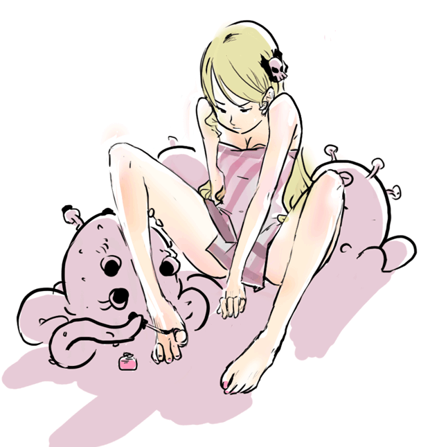 dan kim, mopple, mr. mopps, snax, momoka corner, 1girl, applying pedicure, barefoot, blonde hair, cosmetics, feet, long hair, nail polish, nail polish bottle, painting nails, painting toenails, simple background, tentacles, toenail polish, toenails, toes, white background
