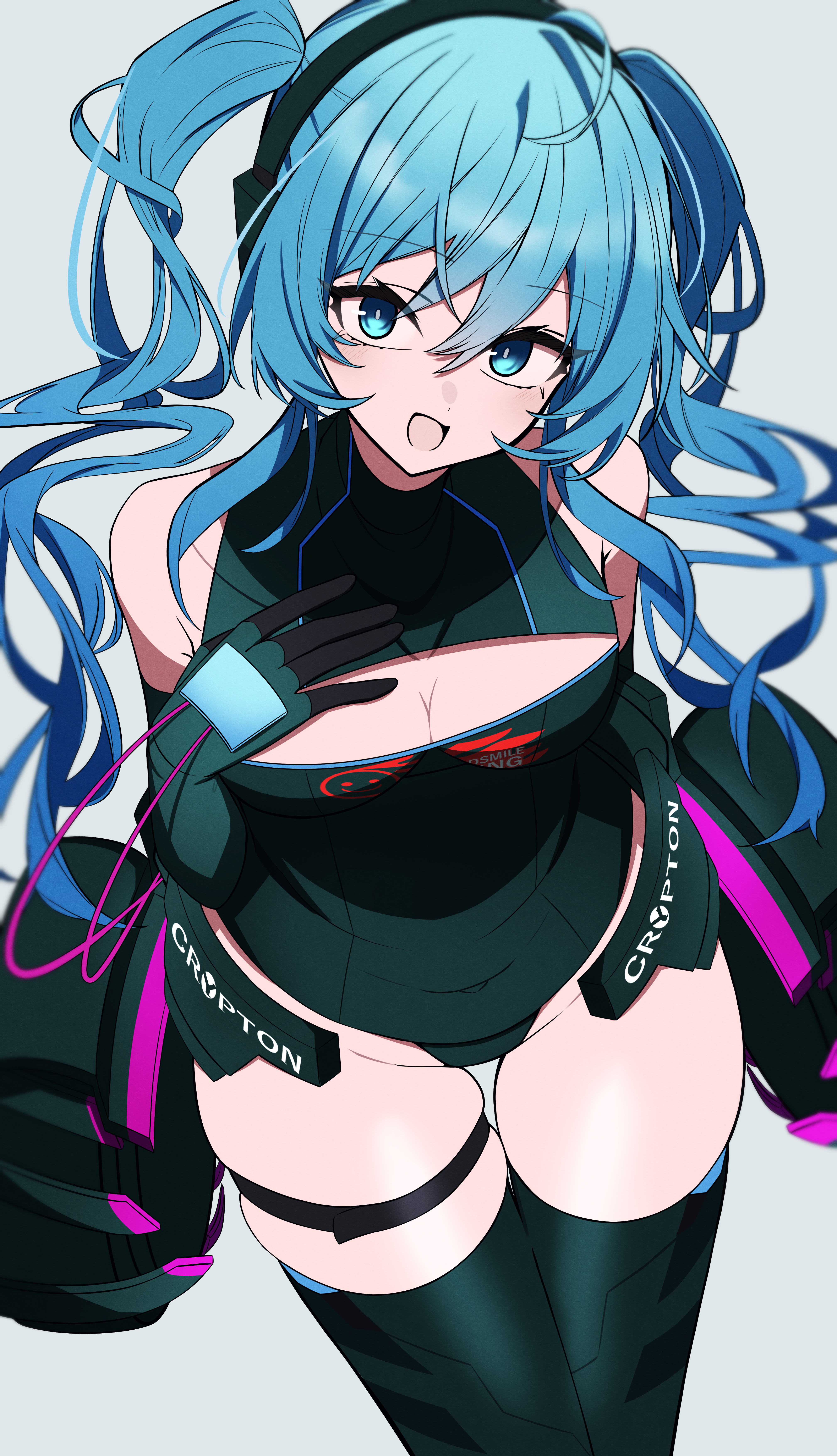 nanashnojo, hatsune miku, racing miku, vocaloid, absurdres, highres, 1girl, aqua eyes, aqua hair, bare shoulders, black bodysuit, blue eyes, blue hair, bodysuit, boots, breasts, cleavage, elbow gloves, gloves, long hair, looking at viewer, medium breasts, race queen, simple background, smile, solo, thigh boots, thigh strap, thighhighs, thighs, twintails, very long hair, white background