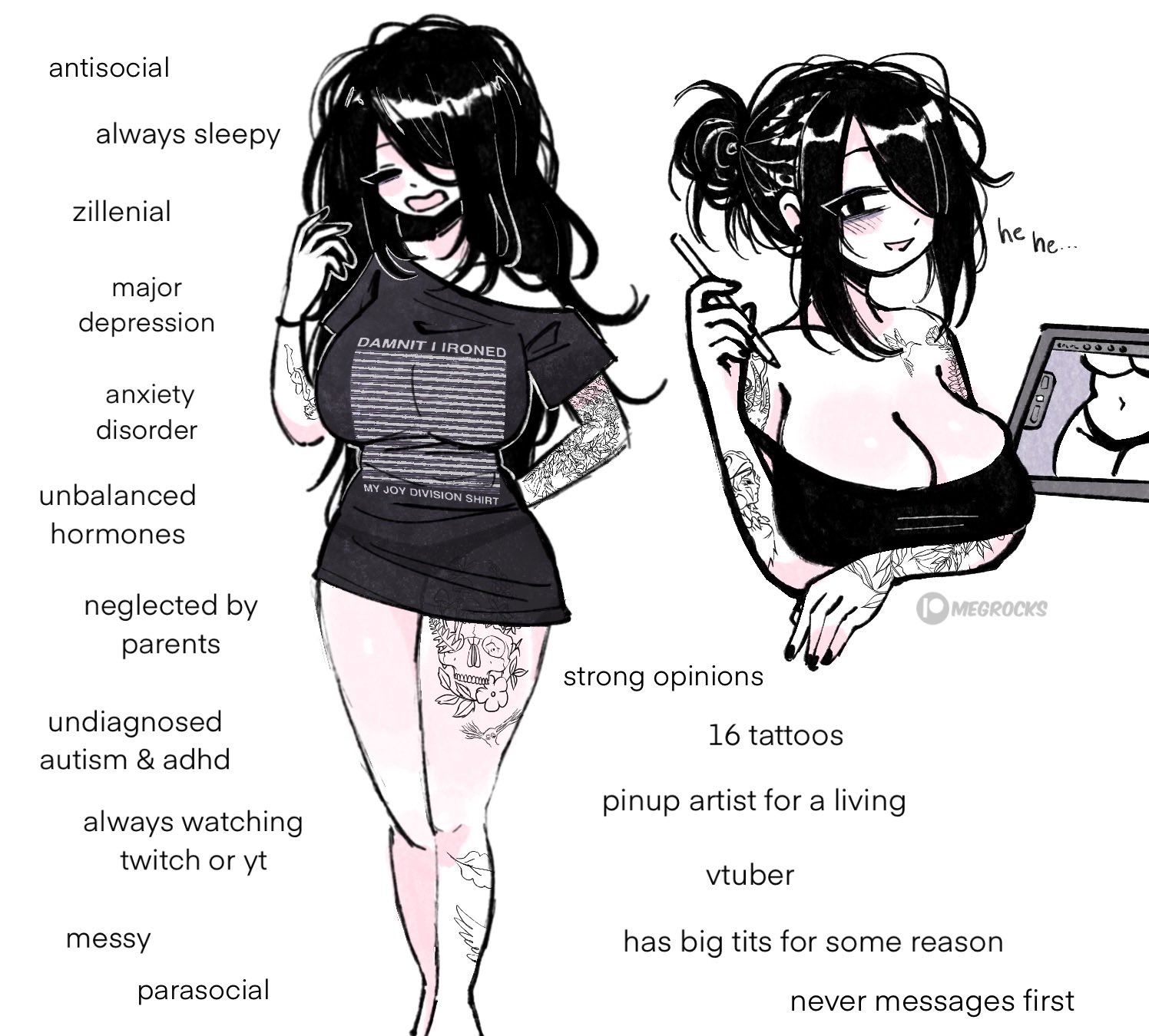 megrocks, original, 1girl, black eyes, black hair, black shirt, breasts, english text, hair over one eye, large breasts, shirt, tattoo