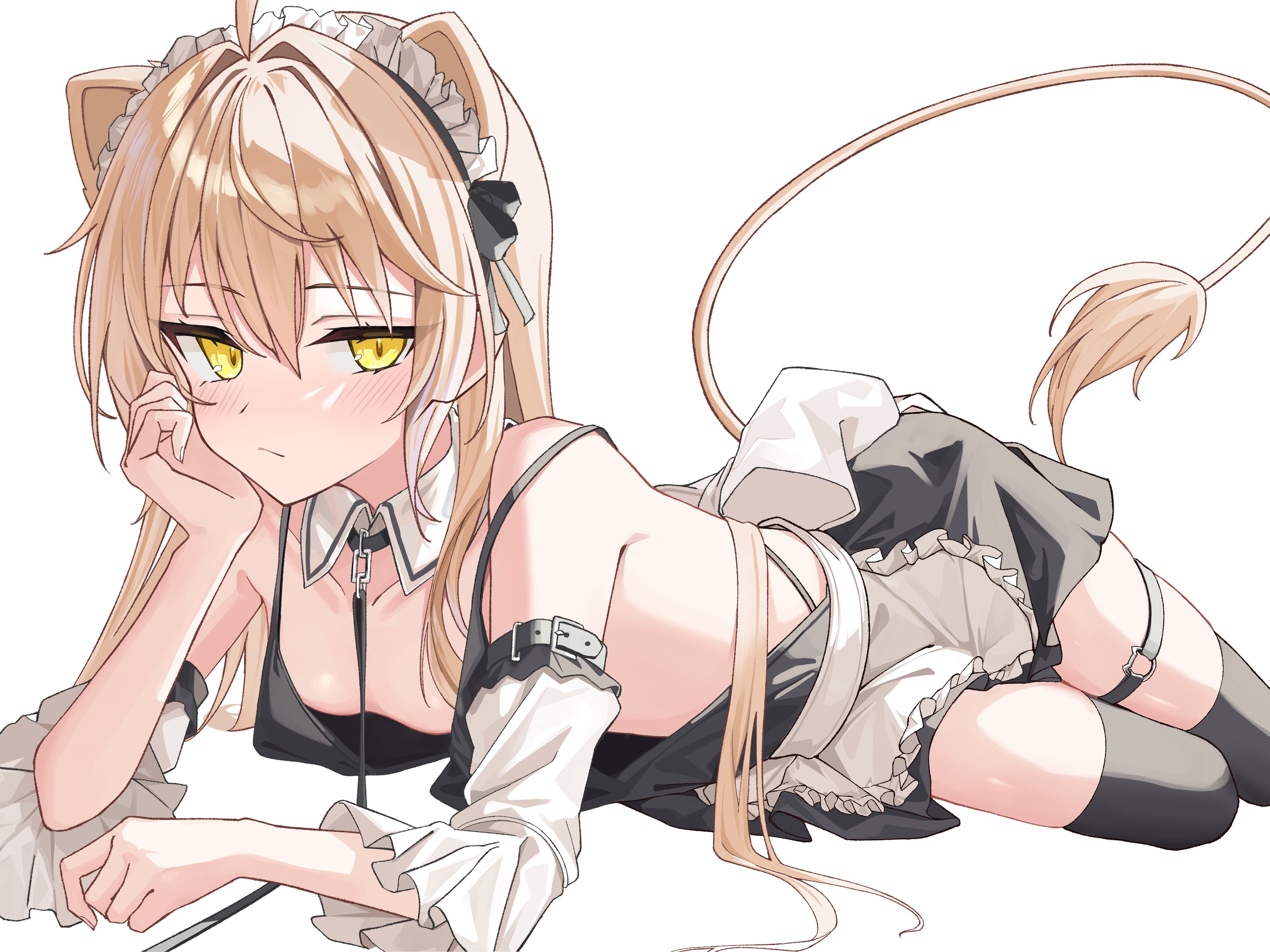 nama tt1786, rurudo lion, indie virtual youtuber, 1girl, animal ears, black thighhighs, collar, leash, lion ears, lion girl, lion tail, lying, on stomach, solo, tail, thigh strap, thighhighs, virtual youtuber, yellow eyes