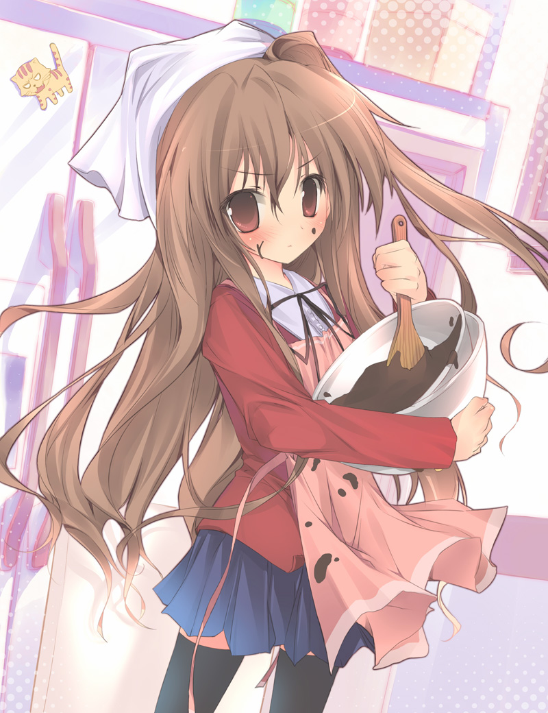 karory, aisaka taiga, toradora!, messy, bad id, bad pixiv id, 00s, 1girl, apron, blush, brown eyes, brown hair, chocolate, chocolate making, cooking, female focus, flat chest, food, food on face, long hair, ribbon, school uniform, skirt, solo, spill, thighhighs, valentine, very long hair, zettai ryouiki