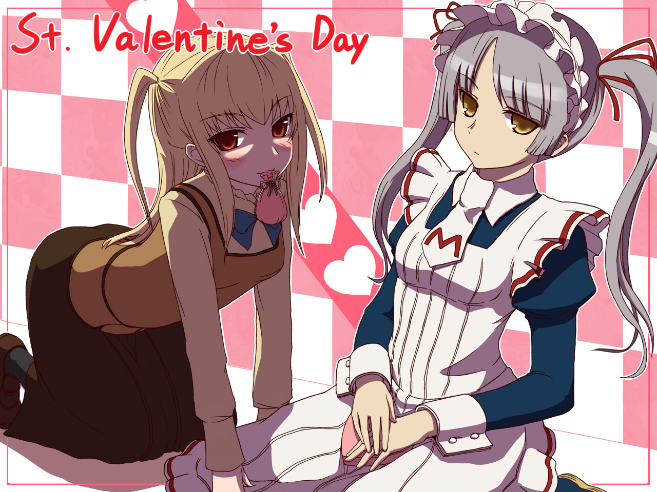 negija, shidou mariya, shinouji matsurika, maria holic, 00s, 1boy, 1girl, apron, blonde hair, blush, bow, brown eyes, chocolate, gift, hairband, heart, lace, maid, maid apron, mole, mole under eye, mouth hold, pantyhose, red eyes, ribbon, school uniform, skirt, trap, twintails, valentine