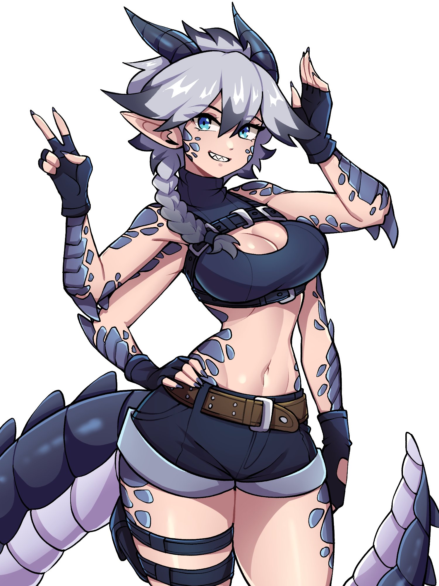oninuer, original, commentary, commission, english commentary, highres, 1girl, belt, belt buckle, black belt, black gloves, black shorts, blue eyes, breasts, brown belt, buckle, chest belt, cleavage, cleavage cutout, clothing cutout, cowboy shot, crop top, double-parted bangs, dragon girl, dragon horns, dragon tail, extra arms, fingerless gloves, fingernails, gloves, grey hair, hair between eyes, hands up, horns, large breasts, looking at viewer, multiple belts, navel, pointy ears, pouch, scales, sharp teeth, short shorts, shorts, simple background, smile, solo, stomach, tail, teeth, thigh pouch, white background