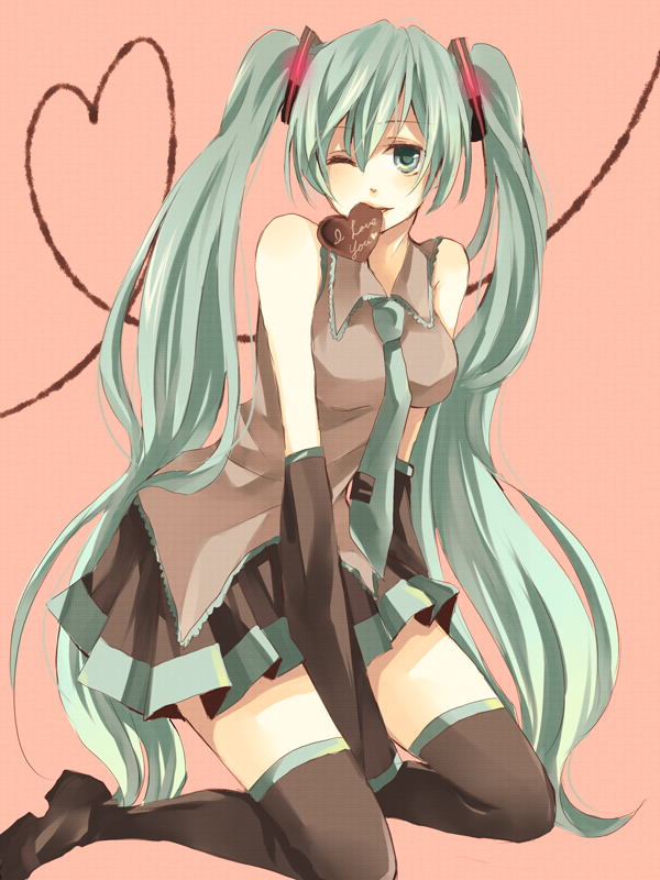 karu, yuzuki karu, hatsune miku, vocaloid, bad id, bad pixiv id, aqua eyes, aqua hair, chocolate, detached sleeves, heart, long hair, mouth hold, necktie, skirt, solo, squatting, thighhighs, twintails, valentine, very long hair, zettai ryouiki