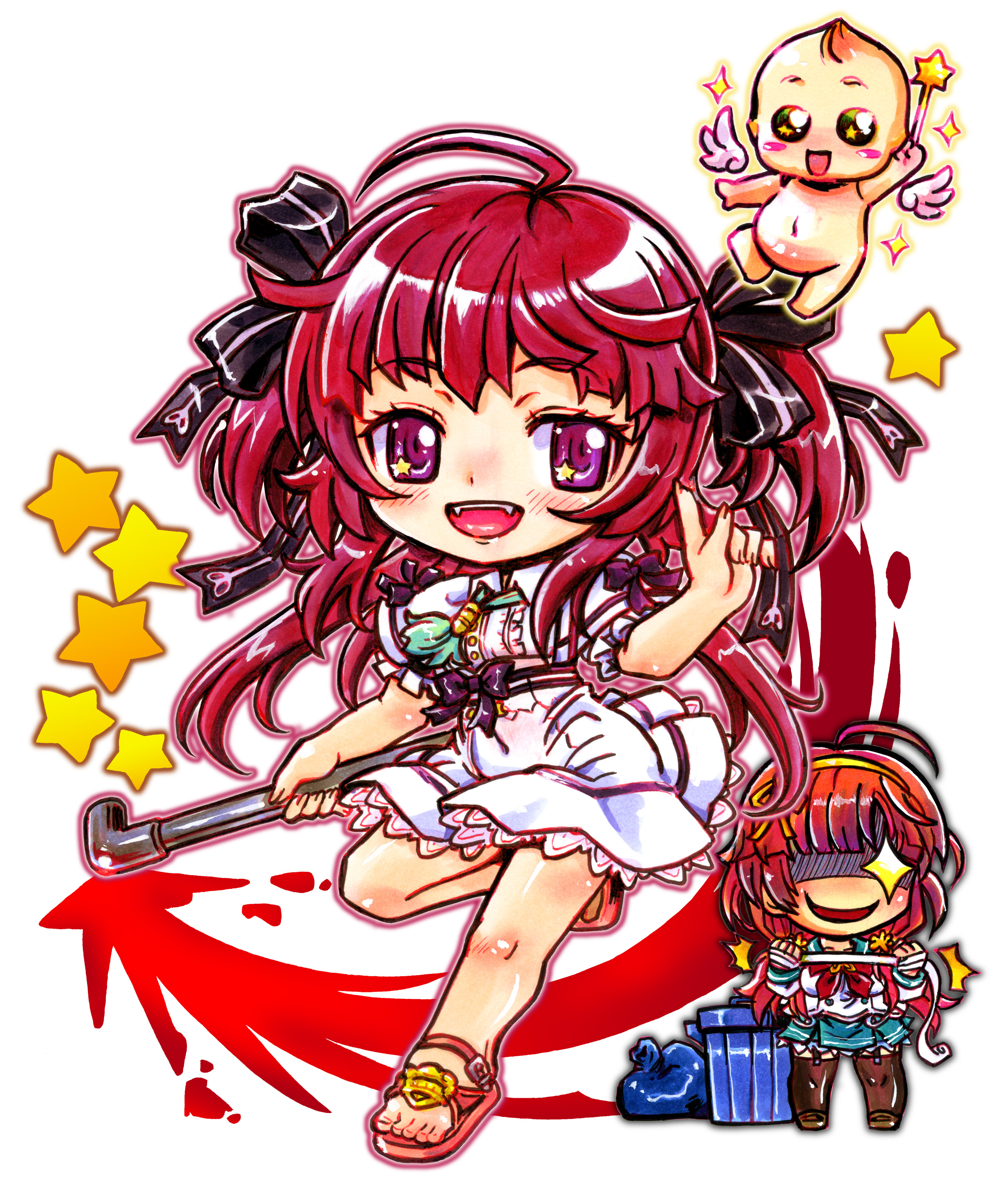 kokomahi, play! play! play!, play! play! play! shi, absurdres, commentary request, highres, 1other, 2girls, ^^^, ahoge, angel wings, aqua sailor collar, aqua skirt, arm up, baby, bandaged hand, bandages, black bow, black ribbon, blood, bow, brown hair, brown shoes, center frills, chibi, chibi only, detached wings, dress, evil smile, fangs, frilled sleeves, frills, garter straps, glint, guest art, hair ribbon, hairband, holding, holding bandages, holding lead pipe, holding wand, index finger raised, lead pipe, loafers, long hair, mougi sayuna, multiple girls, neckerchief, nude, open mouth, purple eyes, red hair, red neckerchief, ribbon, sailor collar, sandals, school uniform, serafuku, shaded face, shirogo nami, shirt, shoes, simple background, skirt, smile, sparkle, standing, standing on one leg, star (symbol), star in eye, star wand, symbol in eye, teeth, thighhighs, trash bag, trash can, two side up, upper teeth only, wand, white background, white dress, white shirt, white wings, wings, yellow hairband
