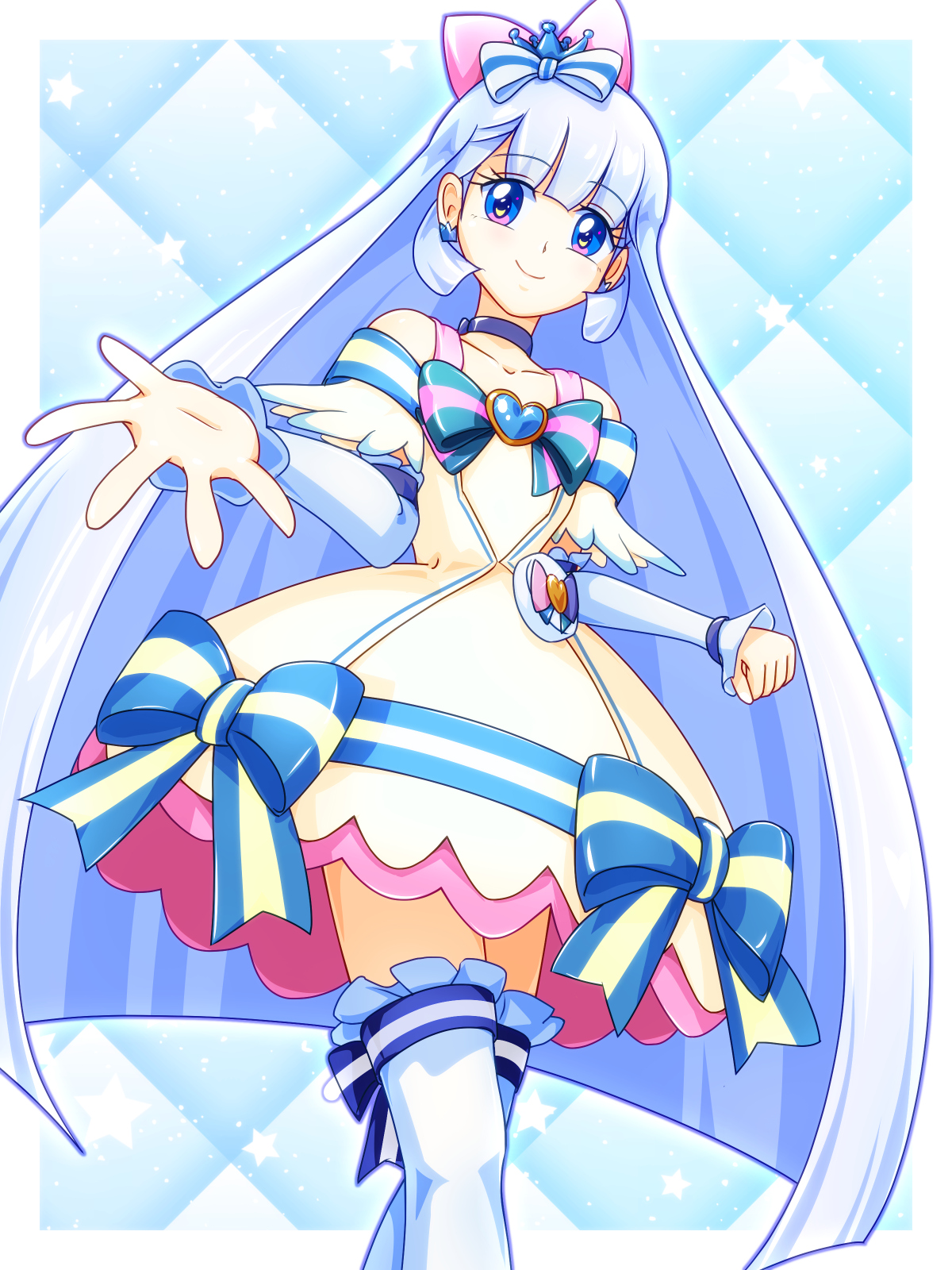 mimimix, cure nyammy, nekoyashiki yuki, precure, wonderful precure!, commentary, highres, 1girl, animal ear hairband, animal ears, aqua bow, argyle background, arm warmers, bare shoulders, blue background, blue bow, blue choker, blue crown, blue eyes, blue hairband, blunt bangs, blunt ends, border, bow, brooch, cat ear hairband, cat ears, choker, clenched hand, collarbone, colored petticoat, cowboy shot, crossed legs, crown, crown earrings, dress, dress bow, earrings, fake animal ears, frilled arm warmers, frilled dress, frilled thighhighs, frills, hairband, heart, heart brooch, jewelry, long hair, looking at viewer, magical girl, medium dress, mini crown, multicolored bow, off-shoulder dress, off shoulder, outside border, outstretched hand, pact holder, petticoat, pouch, reaching, reaching towards viewer, shiny cats pact, smile, solo, spread fingers, standing, striped bow, thighhighs, tilted headwear, very long hair, white arm warmers, white border, white bow, white dress, white hair, white thighhighs, zettai ryouiki