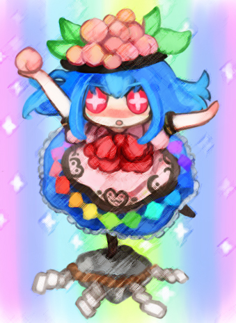 ruto (petatann), hinanawi tenshi, duel love, touhou, bad id, bad pixiv id, lowres, + +, 1girl, blue hair, chibi, female focus, food, fruit, hat, heaven condition, holding, holding food, holding fruit, kaname-ishi, parody, peach, red eyes, ribbon, rope, shide, shimenawa, solo