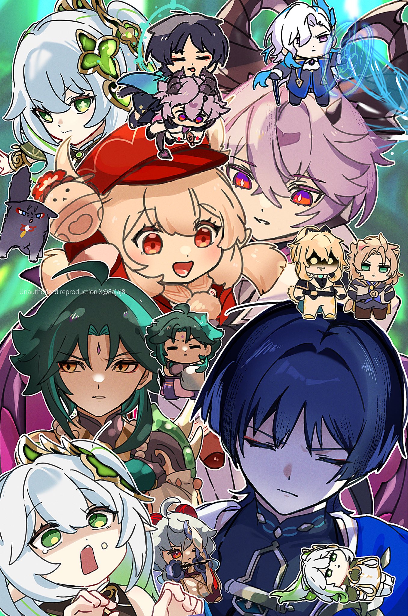 8ajaj8, albedo (genshin impact), dodoco (genshin impact), ganyu (genshin impact), jean (genshin impact), klee (genshin impact), mini durin (genshin impact), mini durin (human) (genshin impact), nahida (genshin impact), neuvillette (genshin impact), scaramouche (cat) (genshin impact), scaramouche (genshin impact), wanderer (genshin impact), xiao (genshin impact), genshin impact, toeless socks, highres, 4girls, 5boys, ahoge, aiming, aqua halo, arm at side, arrow (projectile), ascot, asymmetrical bangs, bare shoulders, behind another, black bodysuit, black capelet, black cat, black gloves, black hair, black horns, black shirt, black shorts, black tail, blank eyes, blonde hair, blue cape, blue coat, blue hair, blunt ends, bodystocking, bodysuit, boots, bow (weapon), bracelet, bright pupils, brown boots, brown scarf, cane, cape, capelet, carrying, carrying under arm, cat, cat boy, cat girl, cat tail, chibi, chibi inset, closed eyes, closed mouth, coat, cross-shaped pupils, crossed arms, detached sleeves, diamond-shaped pupils, diamond (shape), dragon boy, dragon horns, dragon tail, dress, eyelashes, eyeliner, eyeshadow, facial mark, facing down, facing viewer, food, food on face, forehead mark, frown, furrowed brow, gloves, goat horns, gold, gold trim, gradient sleeves, green eyes, green hair, green sleeves, hair between eyes, hair intakes, hair ornament, hair pulled back, halo, halo behind head, hands on own hips, hands up, hat, heart, heart hair ornament, heart tail, high ponytail, holding, holding arrow, holding bow (weapon), holding cane, holding weapon, hood, hooded coat, horns, japanese clothes, jewelry, kimono, lapels, leaf, leaf hair ornament, long hair, looking at viewer, looking down, looking to the side, looking up, loose hair strand, low twintails, lower teeth only, lying, magic circle, makeup, mandarin collar, multicolored hair, multiple boys, multiple girls, newsboy cap, o o, on back, one eye closed, open mouth, outdoors, outstretched arm, pants, parted lips, pelvic curtain, pink eyes, pink hair, pom pom (clothes), ponytail, purple hair, purple horns, purple pants, red dress, red eyeliner, red eyes, red eyeshadow, red hat, red horns, scarf, shaded face, shirt, shorts, shoulder peek, side ponytail, sidelocks, sideways glance, single hair intake, single sleeve, socks, standing, streaked hair, symbol-shaped pupils, tail, teeth, tongue, tongue out, twintails, twitter username, two-sided horns, undershirt, water, weapon, white ascot, white coat, white dress, white gloves, white hair, white kimono, white mouth, white pants, white pupils, white sleeves, white socks, wide-eyed, wispy bangs, yellow eyes