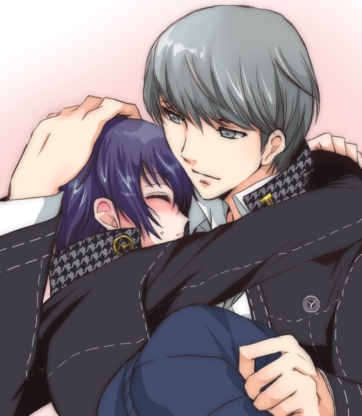 akina tsukako, narukami yu, shirogane naoto, atlus, persona, persona 4, hand on head, 1boy, 1girl, androgynous, blue hair, blush, couple, grey eyes, grey hair, hat, head hold, headpat, hetero, hug, newsboy cap, reverse trap, school uniform, short hair