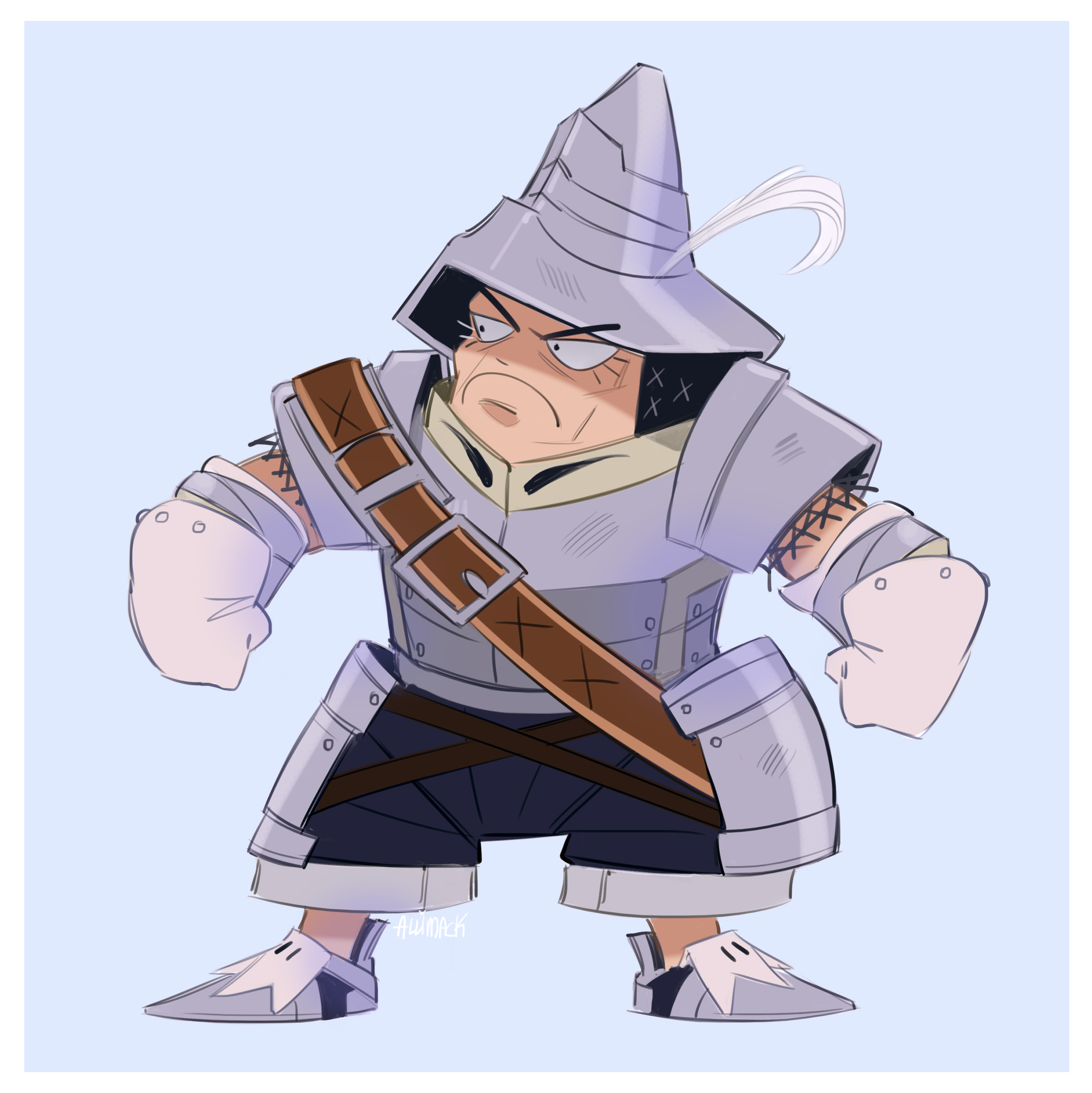 skirtzzz, adelbert steiner, final fantasy, final fantasy ix, absurdres, highres, 1boy, armor, artist name, blue background, border, clenched hands, frown, full body, furrowed brow, gloves, hat feather, helm, helmet, knight, male focus, pauldrons, plate armor, shoulder armor, shoulder belt, solo, white border, white gloves