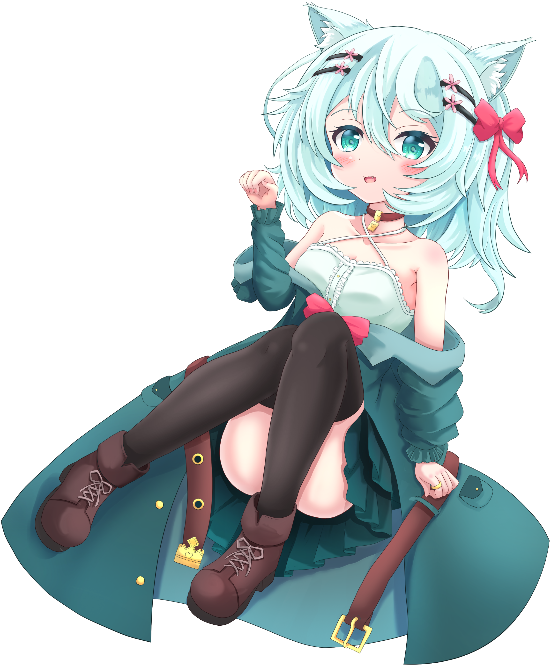 sills, original, absurdres, commentary request, highres, 1girl, animal ears, black thighhighs, blue coat, blue eyes, blue hair, blue skirt, boots, bow, breasts, brown boots, camisole, cat ears, cat girl, cleavage, coat, criss-cross halter, full body, hair bow, hair ornament, hairclip, halterneck, hand up, knees up, long sleeves, looking at viewer, miniskirt, open mouth, parallel hairclips, pink bow, pleated skirt, simple background, sitting, skirt, small breasts, solo, thighhighs, white background, white camisole