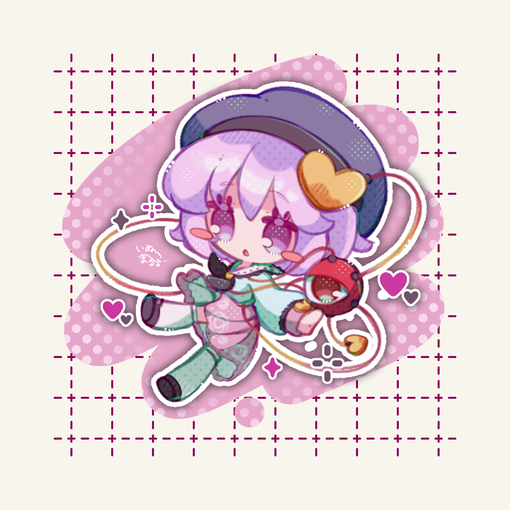 inukkomaru, komeiji satori, touhou, 1girl, black shoes, blush, chibi, chibi only, green shirt, hat, heart, pink skirt, purple eyes, purple hair, shirt, shoes, short hair, skirt, socks, solo, third eye, white socks