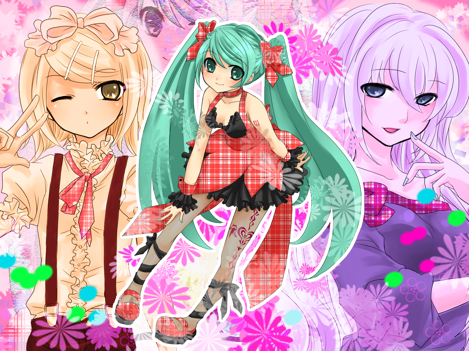 yayoi (egoistic realism), hatsune miku, kagamine rin, megurine luka, vocaloid, bad id, bad pixiv id, highres, 3girls, aqua hair, bow, choker, dress, hair bow, hair ribbon, long hair, multiple girls, one eye closed, pantyhose, ribbon, suspenders, twintails, very long hair, wink