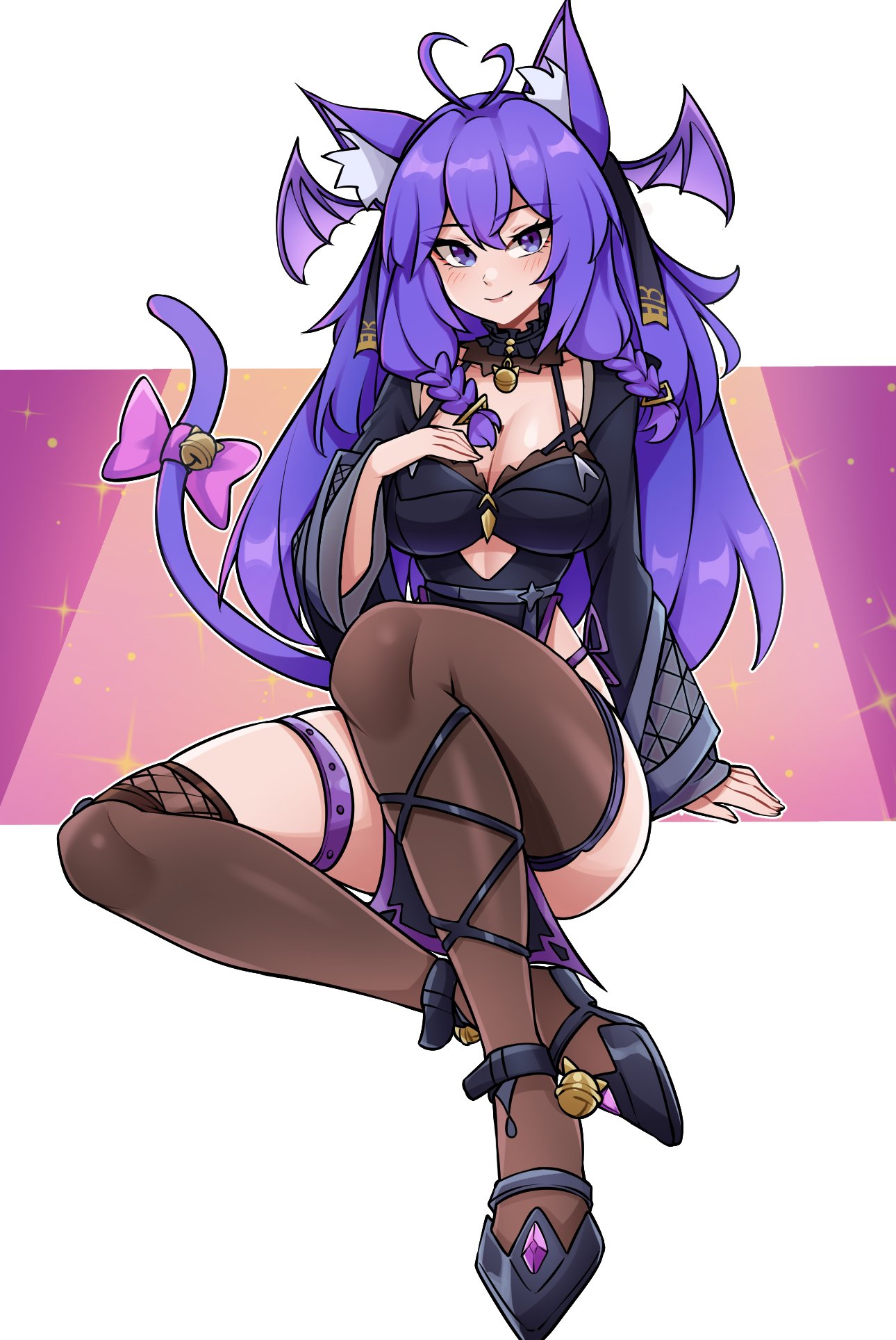 oninuer, original, commentary, commission, english commentary, highres, 1girl, animal ear fluff, animal ears, antenna hair, bell, black dress, black shoes, bow, braid, breasts, brown thighhighs, cat ears, cat girl, cat tail, closed mouth, double-parted bangs, dress, full body, hair between eyes, hand on own chest, head wings, large breasts, long hair, long sleeves, looking at viewer, pink bow, purple eyes, purple hair, shoes, sitting, smile, solo, tail, tail bell, tail bow, tail ornament, thighhighs, twin braids, white background, wings