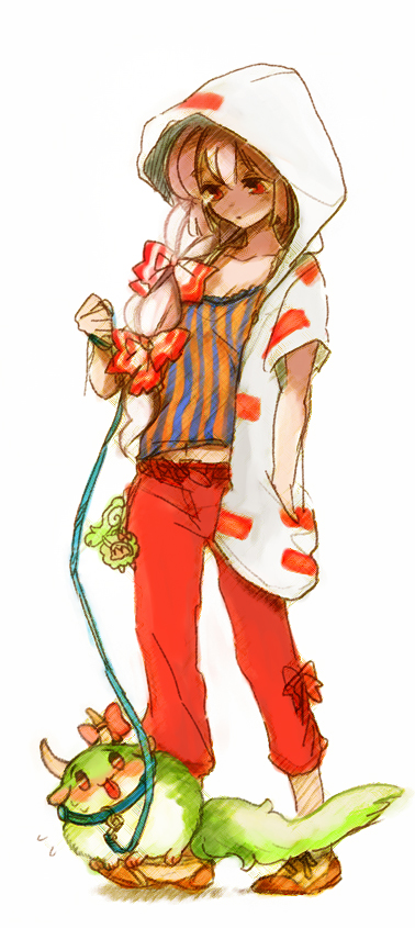 ruto (petatann), ex-keine, fujiwara no mokou, kamishirasawa keine, kamishirasawa keine (hakutaku), sukusuku hakutaku, touhou, bad id, bad pixiv id, long image, tall image, 1girl, :p, adapted costume, capri pants, contemporary, female focus, hair ribbon, hood, hoodie, horn ornament, horn ribbon, horns, leash, midriff peek, multi-tied hair, pants, red eyes, ribbon, simple background, standing, tongue, tongue out, white background
