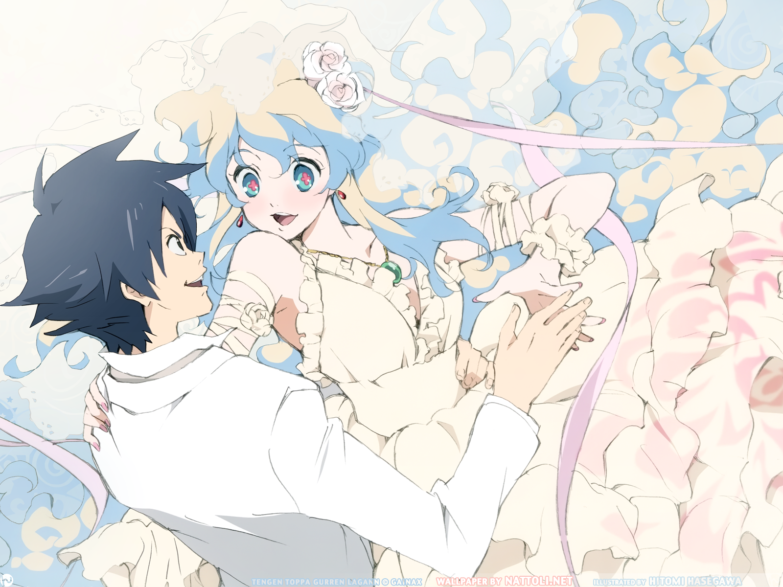 hasegawa hitomi, nia teppelin, simon (ttgl), tengen toppa gurren lagann, highres, + +, 00s, 1boy, 1girl, blue hair, bridal veil, bride, couple, cross-shaped pupils, curly hair, dress, earrings, flower, frills, gathers, hair flower, hair ornament, happy, hetero, hitomi hasegawa, jewelry, long hair, multicolored hair, nail polish, necklace, pink nails, smile, symbol-shaped pupils, tuxedo, veil, very long hair, watermark, wedding, wedding dress