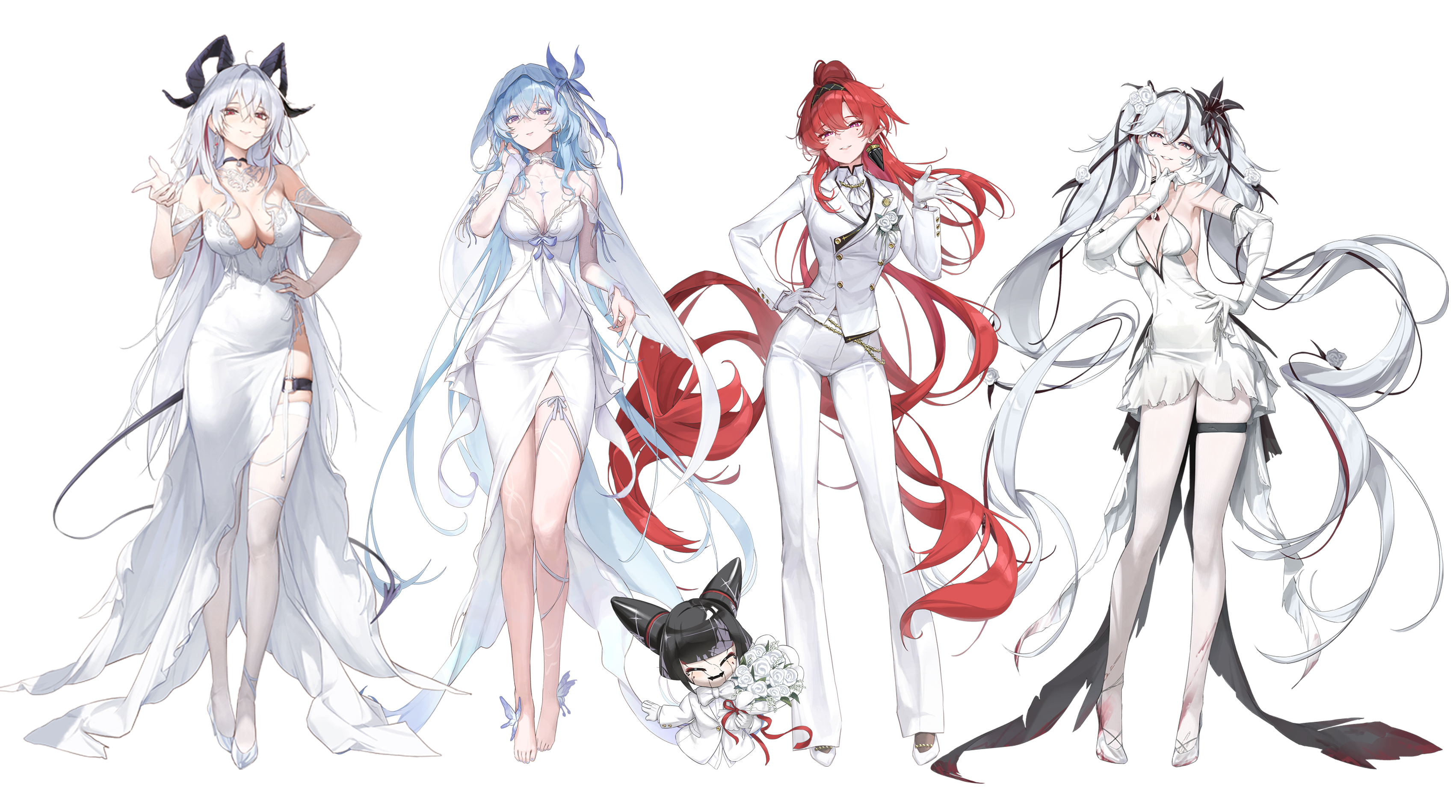 youngjoo kjy, camellya (wuthering waves), shorekeeper (wuthering waves), yinlin (wuthering waves), zani (wuthering waves), wuthering waves, absurdres, bad id, bad twitter id, commentary, english commentary, highres, merchandise available, 4girls, ahoge, alternate costume, alternate hair length, alternate hairstyle, ascot, bare shoulders, barefoot, black flower, black hairband, black horns, black tail, blake bloom (wuthering waves), blue hair, breasts, bridal veil, buttons, cleavage, closed mouth, covered navel, curled horns, demon tail, double-breasted, dress, earrings, elbow gloves, flower, gloves, hair between eyes, hair flower, hair ornament, hairband, hand on own hip, hand up, high ponytail, horns, jacket, jewelry, large breasts, long dress, long hair, long sleeves, looking at viewer, medium breasts, multicolored hair, multiple girls, o-ring, o-ring thigh strap, pants, pantyhose, parted lips, pointing, pointing at viewer, pointy ears, ponytail, purple eyes, red eyes, red hair, rose, smile, streaked hair, suit jacket, tail, thigh strap, thighhighs, twintails, veil, very long hair, wedding dress, white ascot, white dress, white flower, white gloves, white hair, white jacket, white pants, white pantyhose, white rose, white thighhighs, white veil, zapstring (wuthering waves)