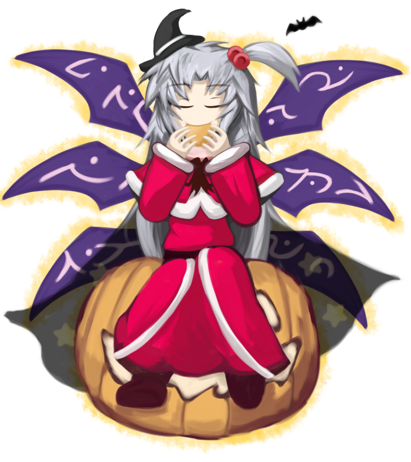 shinki (touhou), touhou, touhou (pc-98), 1girl, bat (animal), breasts, capelet, closed eyes, dress, eating, food, grey hair, hair bobbles, hair ornament, halloween, hat, holding, holding food, jack-o'-lantern, jynx (style), long hair, multiple wings, one side up, pumpkin, red dress, simple background, sitting, swamp0930, white background, wings, witch hat