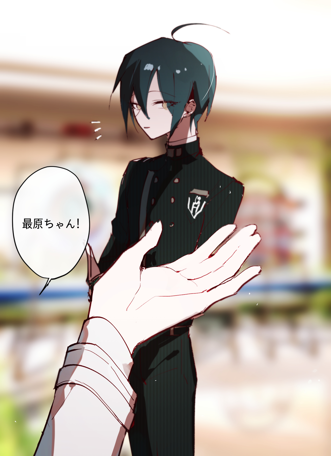 oma kokichi, saihara shuichi, danganronpa (series), danganronpa v3: killing harmony, commentary request, highres, translated, 1boy, ahoge, black hair, black jacket, blurry, blurry background, brown eyes, buttons, chugiya, collared jacket, double-breasted, hair between eyes, jacket, long sleeves, male focus, pants, pinstripe jacket, pinstripe pants, pinstripe pattern, pov, pov hands, short hair, solo focus, speech bubble
