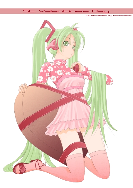 bonoramo, hatsune miku, vocaloid, dress, green eyes, green hair, kneeling, legs, long hair, ribbon, solo, thighhighs, twintails, valentine, very long hair