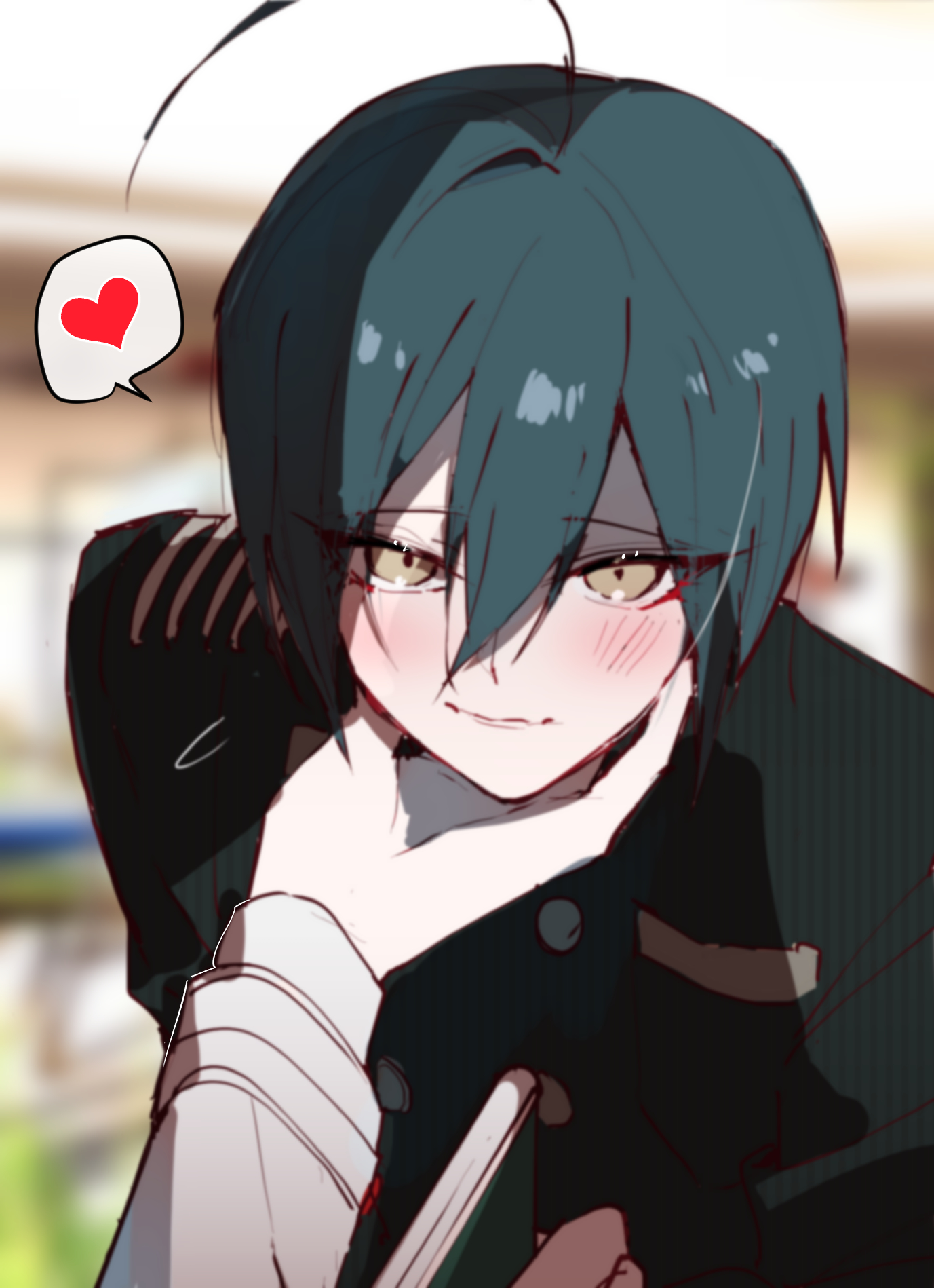 oma kokichi, saihara shuichi, danganronpa (series), danganronpa v3: killing harmony, commentary request, highres, 2boys, ahoge, black hair, black jacket, blurry, blurry background, blush, book, brown eyes, buttons, chin on palm challenge, chugiya, collared jacket, hair between eyes, half-closed eyes, heart, holding, holding book, jacket, leaning forward, long sleeves, looking at viewer, male focus, multiple boys, pinstripe jacket, pinstripe pattern, pov, pov hands, short hair, smile, solo focus, spoken heart, upper body, yaoi