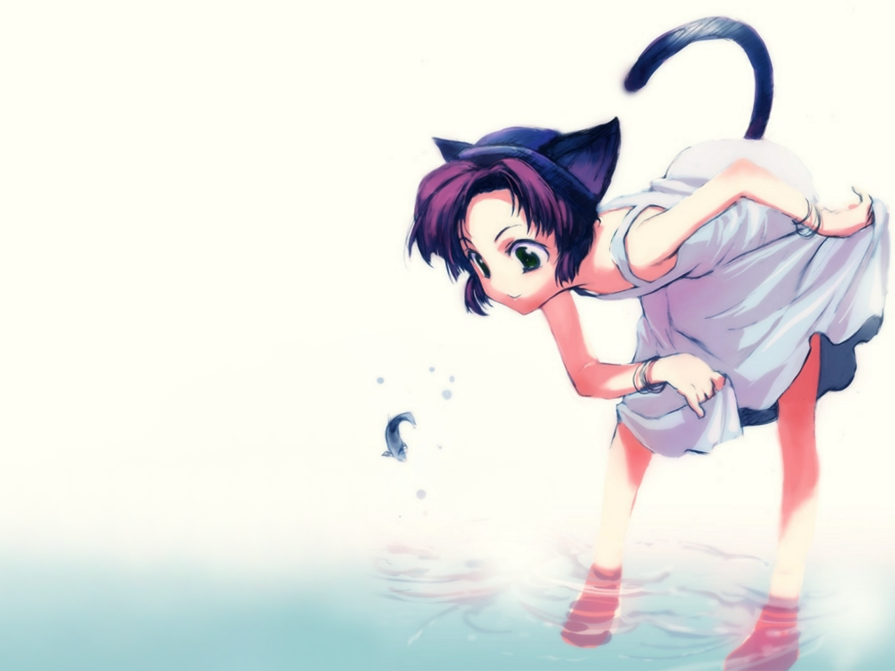 animal ears, bare shoulders, barefoot, cat ears, cat tail, clothes lift, dress, dress lift, fish, flat chest, green eyes, purple hair, short hair, skirt hold, solo, tail, water