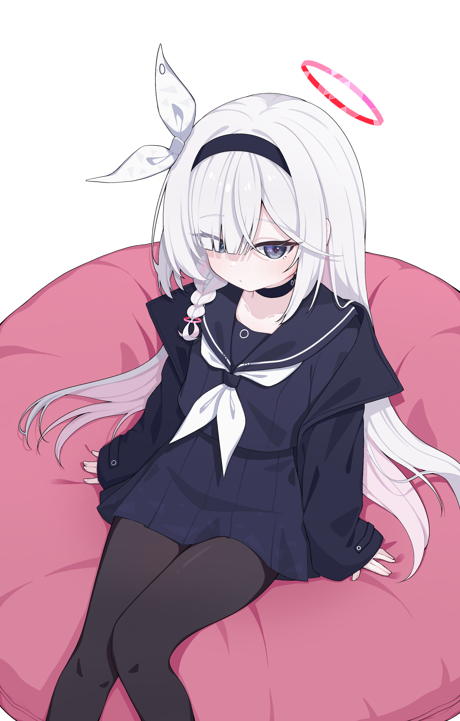cinamon (cinamori), plana (blue archive), blue archive, absurdres, highres, 1girl, black choker, black coat, black eyes, black hairband, black pantyhose, black sailor collar, black serafuku, braid, choker, coat, colored inner hair, couch, expressionless, from above, hair over one eye, hairband, halo, looking at viewer, multicolored hair, neckerchief, on couch, pantyhose, pink halo, red halo, red pupils, ribbon, sailor collar, school uniform, serafuku, simple background, single braid, sitting, sleeves past wrists, solo, white background, white neckerchief, white ribbon
